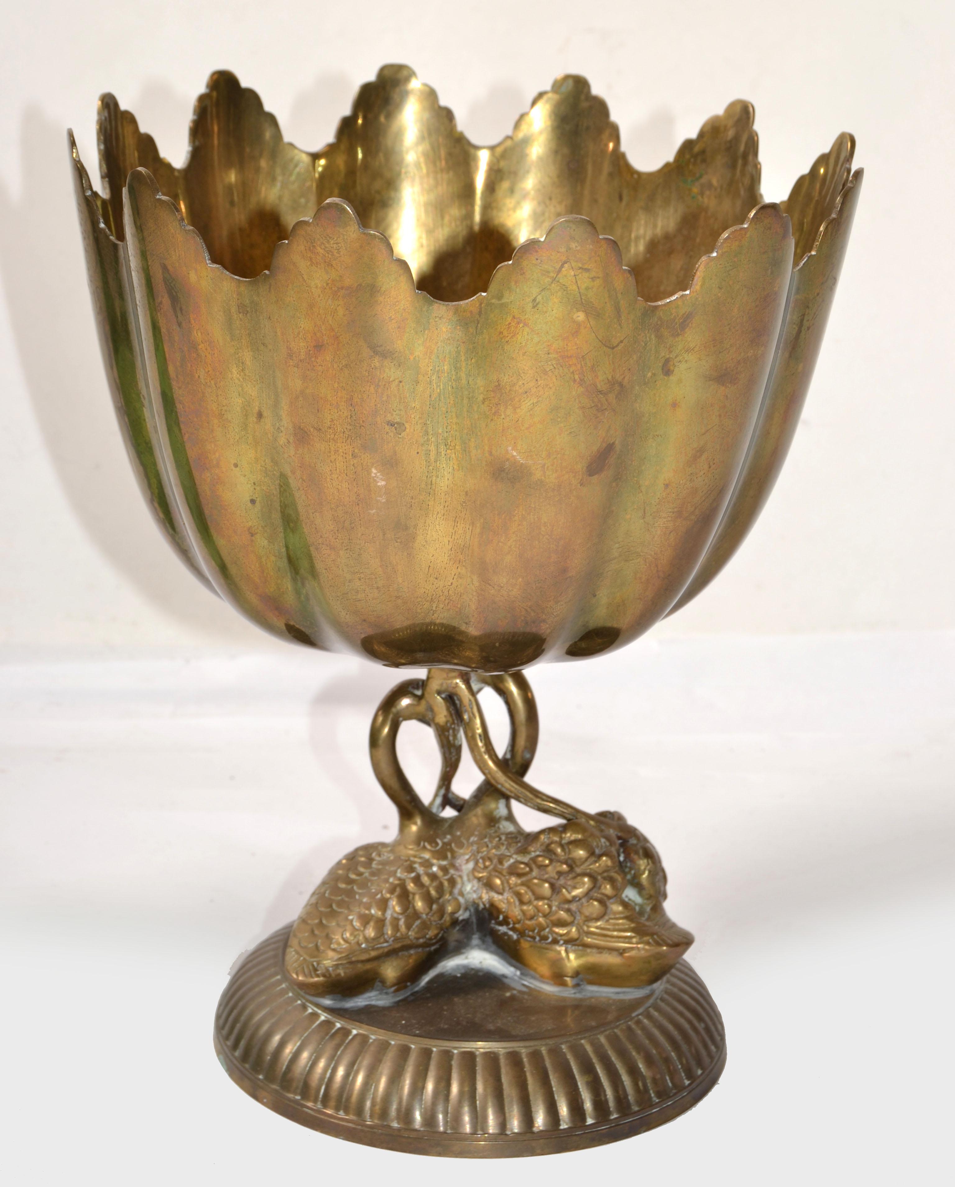 Vintage Cast Heavy Bronze 2 Swans Compote or Pedestal Bowl. The handmade design is wonderful example of Victorian and Regency decor with two ornate Swans facing outwards with their necks intertwining creating the stem. The round base is heavy cast