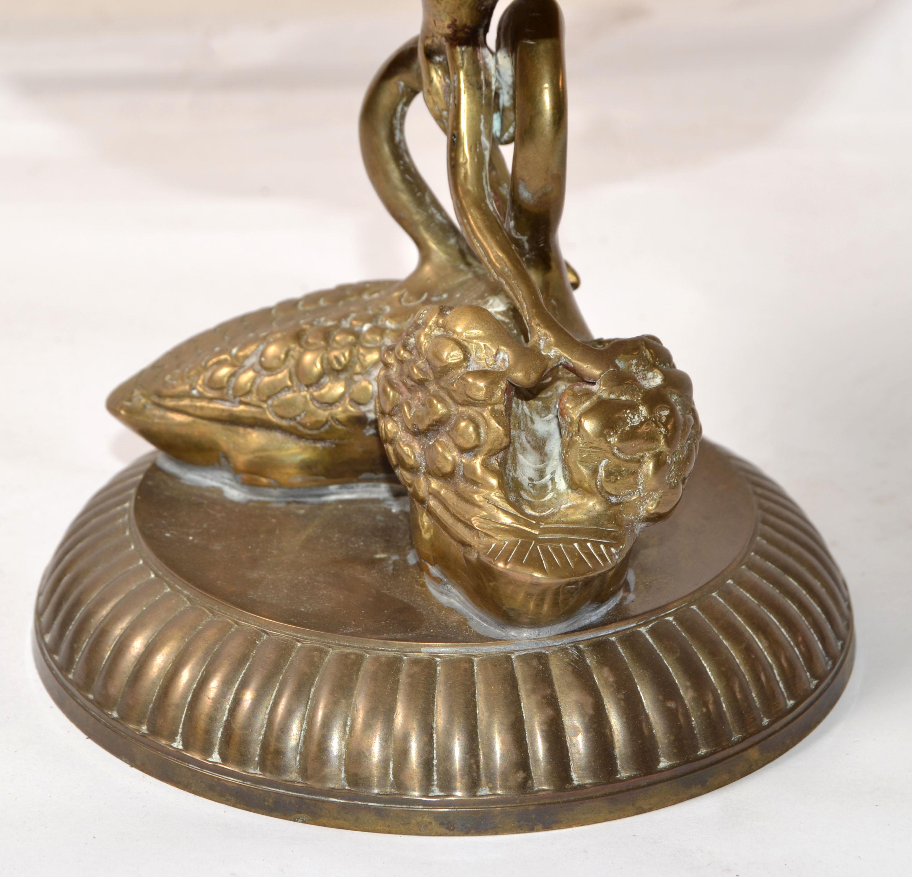 Mid-20th Century 1930 Victorian Heavy Bronze 2 Swans Pedestal Bowl Antique Patina Handmade India For Sale