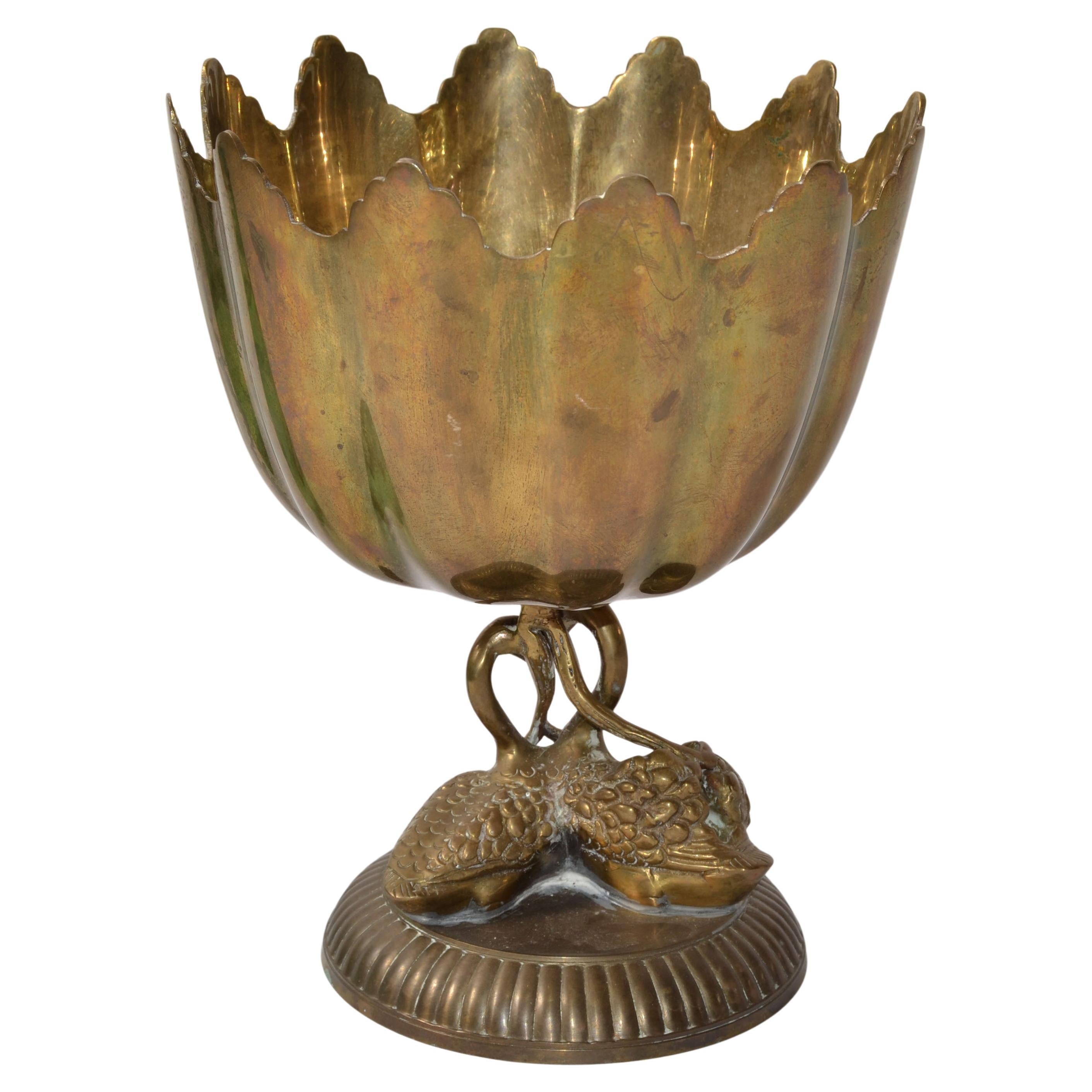1930 Victorian Heavy Bronze 2 Swans Pedestal Bowl Antique Patina Handmade India For Sale