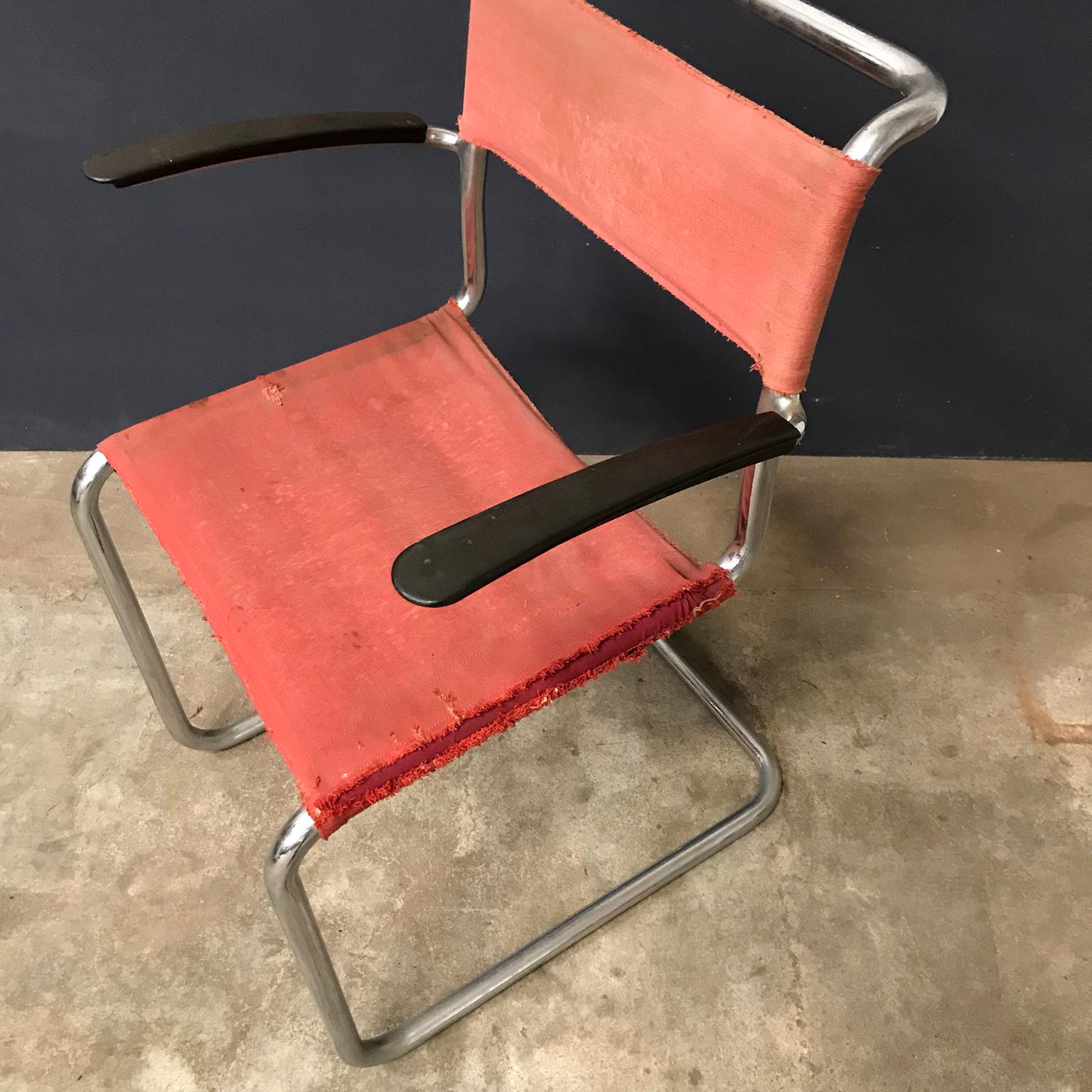 1930, W.H. Gispen, for Gispen Culemborg, Dining Chair No. 204 in Red Canvas For Sale 1