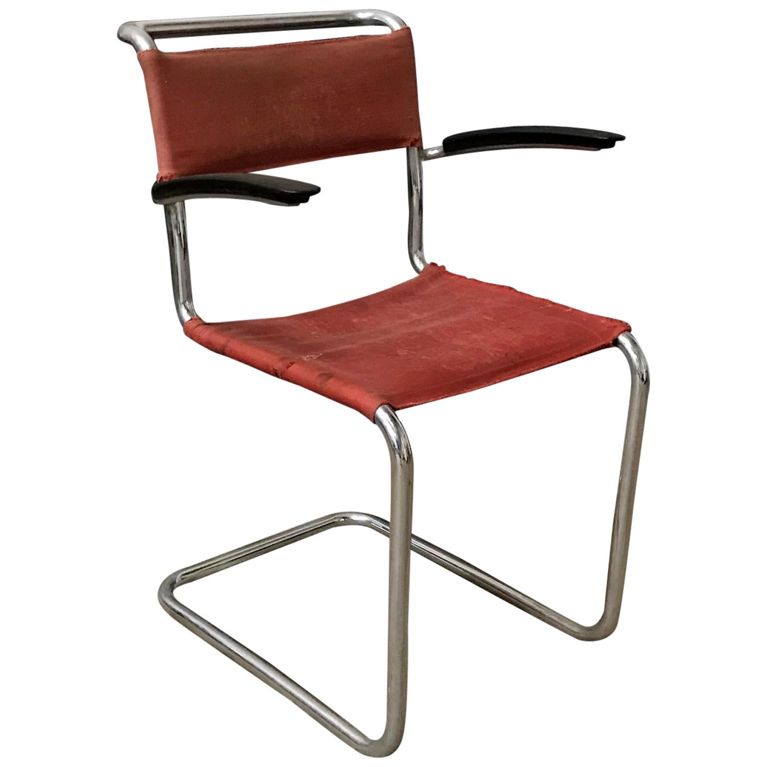 1930, W.H. Gispen, for Gispen Culemborg, Dining Chair No. 204 in Red Canvas For Sale