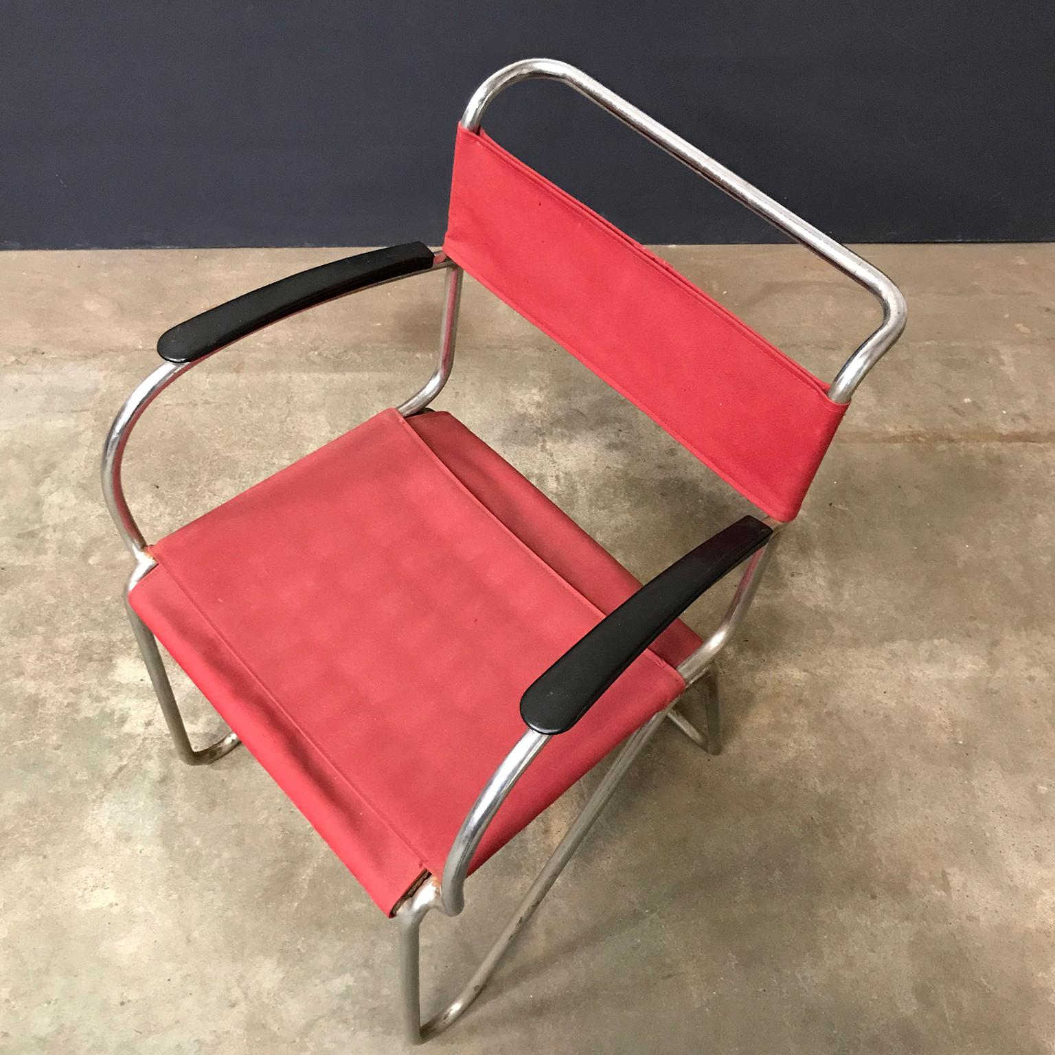 1930, W.H. Gispen für Gispen, Diagonal-Stuhl 1930 in Seil und neuem rotem Segeltuchbezug im Angebot 6