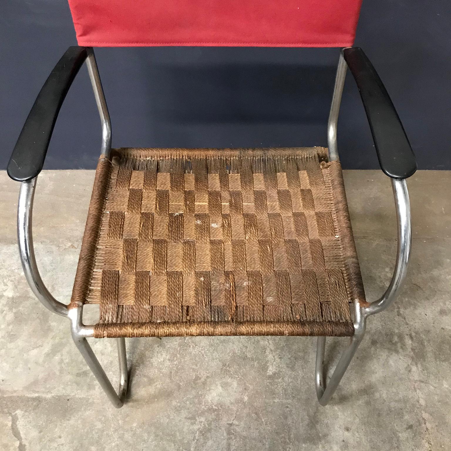 Industriel 1930, W.H. Gispen pour Gispen, chaise Diagonal 1930 en corde et nouvelle housse en toile rouge en vente