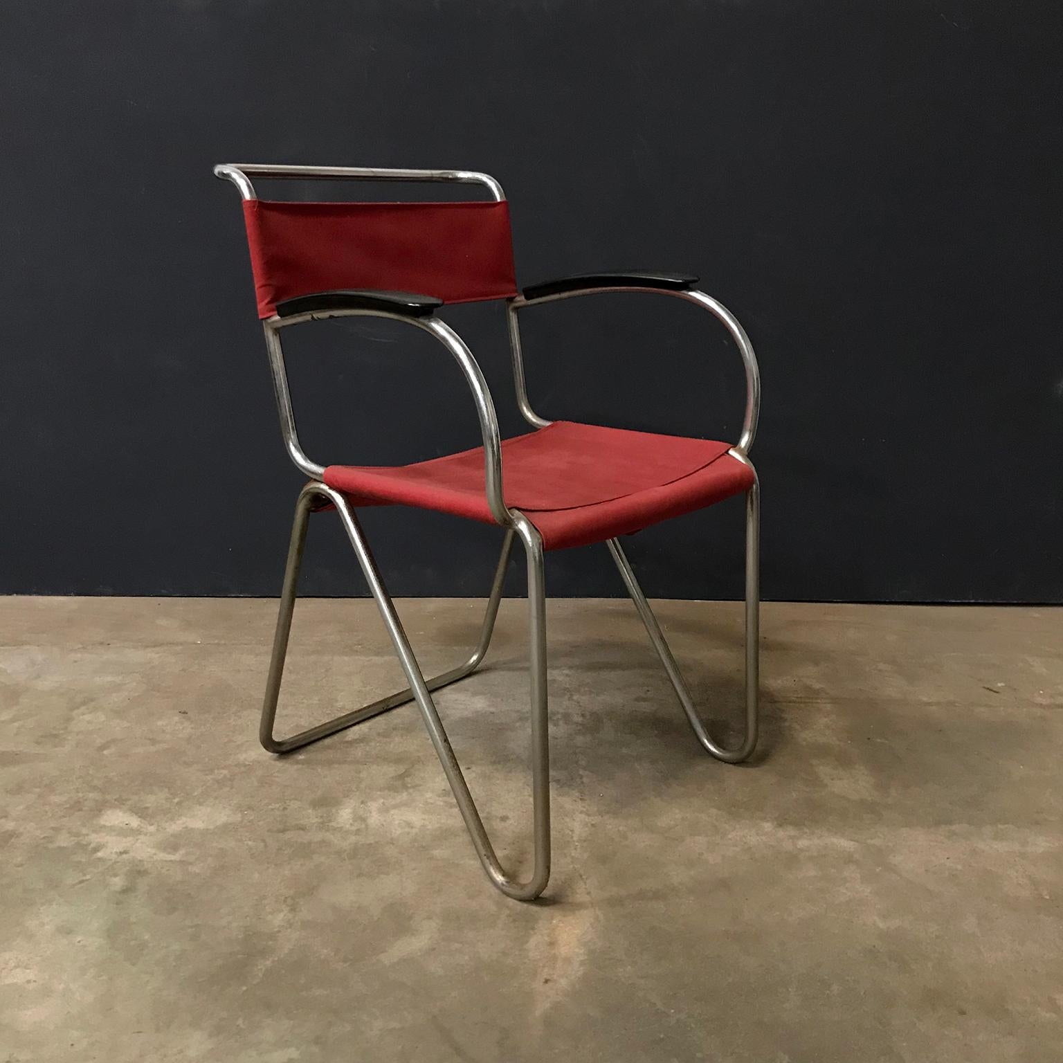 Industrial 1930, W.H. Gispen for Gispen, Diagonal Chair 1930 in Rope & New Red Canvas Cover For Sale