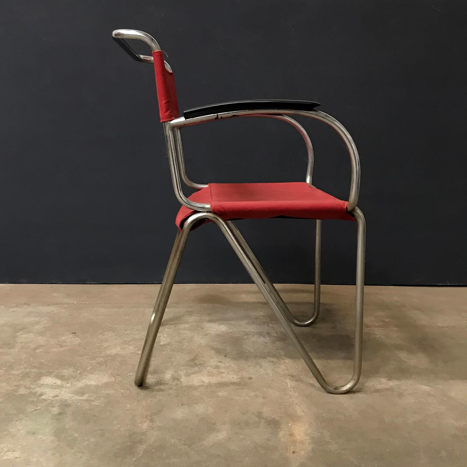 1930, W.H. Gispen pour Gispen, chaise Diagonal 1930 en corde et nouvelle housse en toile rouge Bon état - En vente à Amsterdam IJMuiden, NL