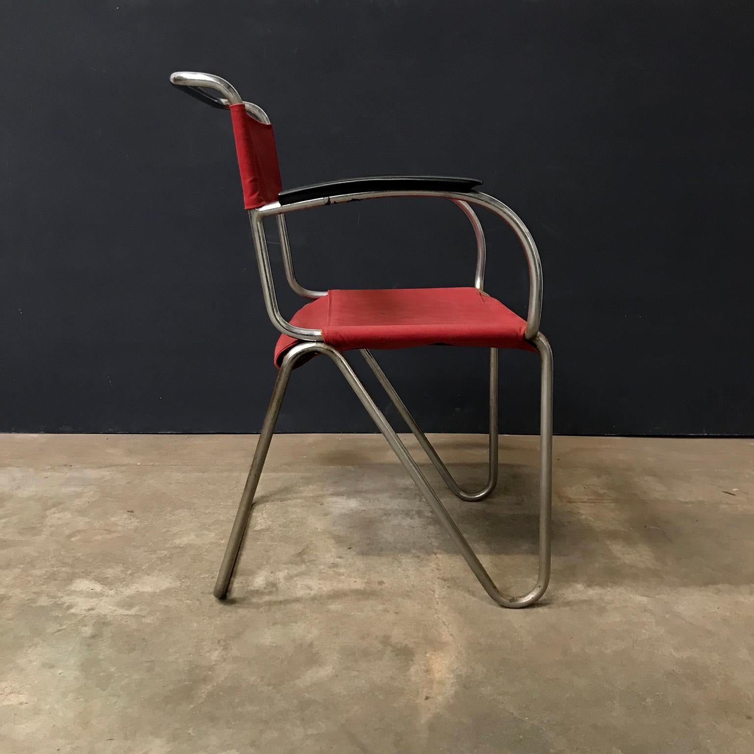 1930, W.H. Gispen for Gispen, Diagonal Chair 1930 in Rope & New Red Canvas Cover In Good Condition For Sale In Amsterdam IJMuiden, NL