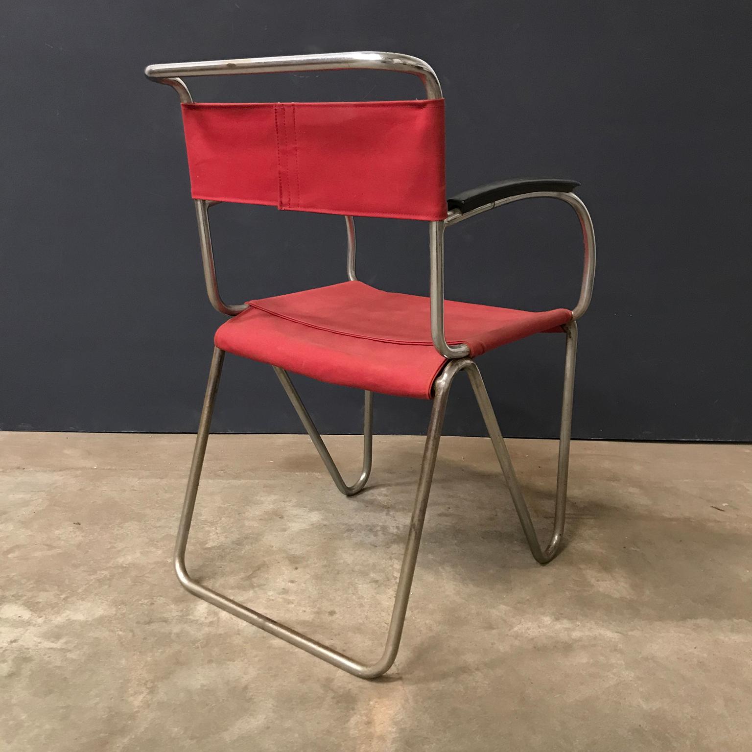 1930, W.H. Gispen für Gispen, Diagonal-Stuhl 1930 in Seil und neuem rotem Segeltuchbezug (Metall) im Angebot