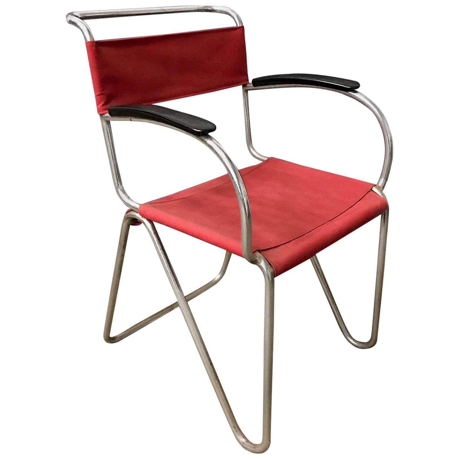 1930, W.H. Gispen für Gispen, Diagonal-Stuhl 1930 in Seil und neuem rotem Segeltuchbezug