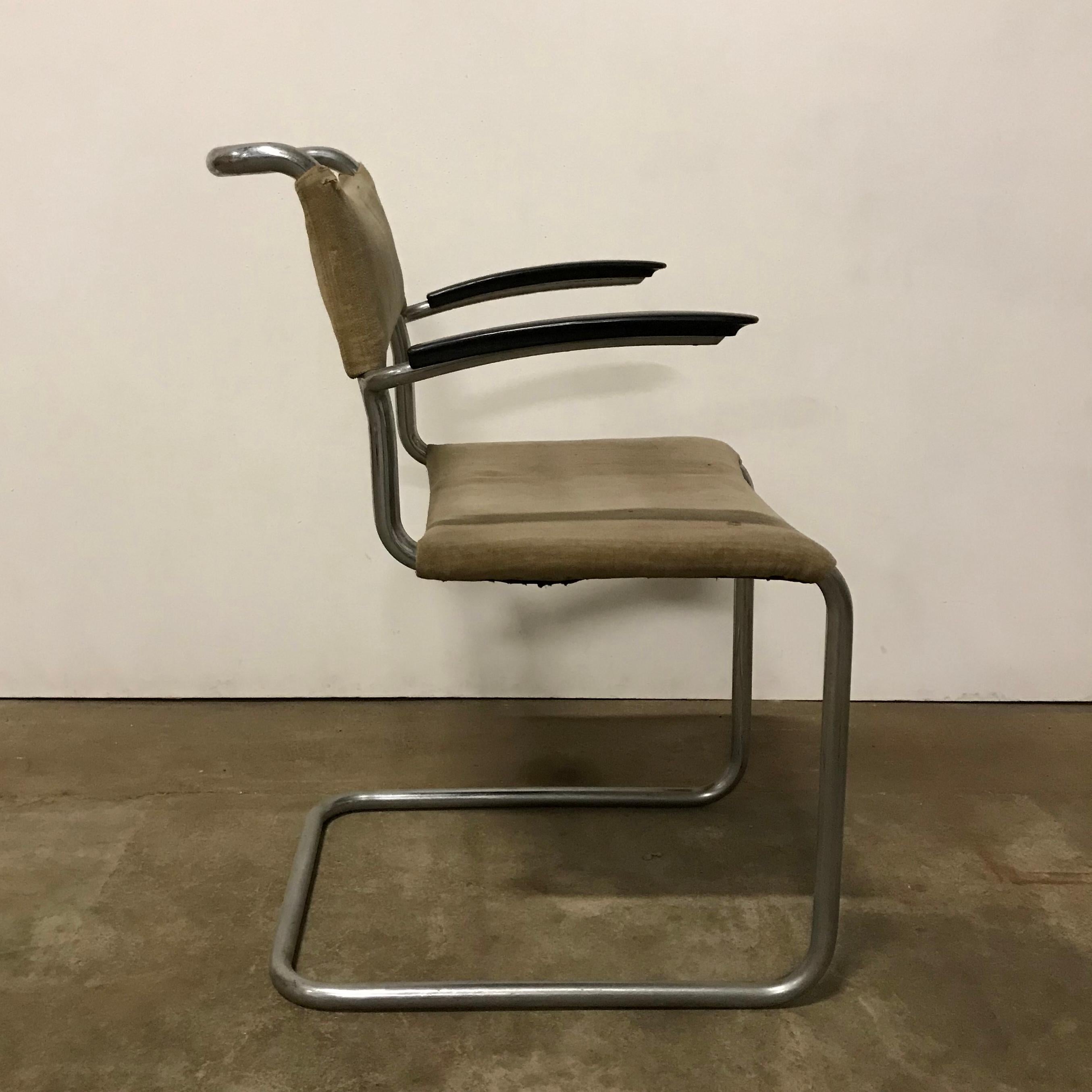Industrial 1930, W.H. Gispen, Original Very Early 204 Chair with Horse Hair Filling For Sale
