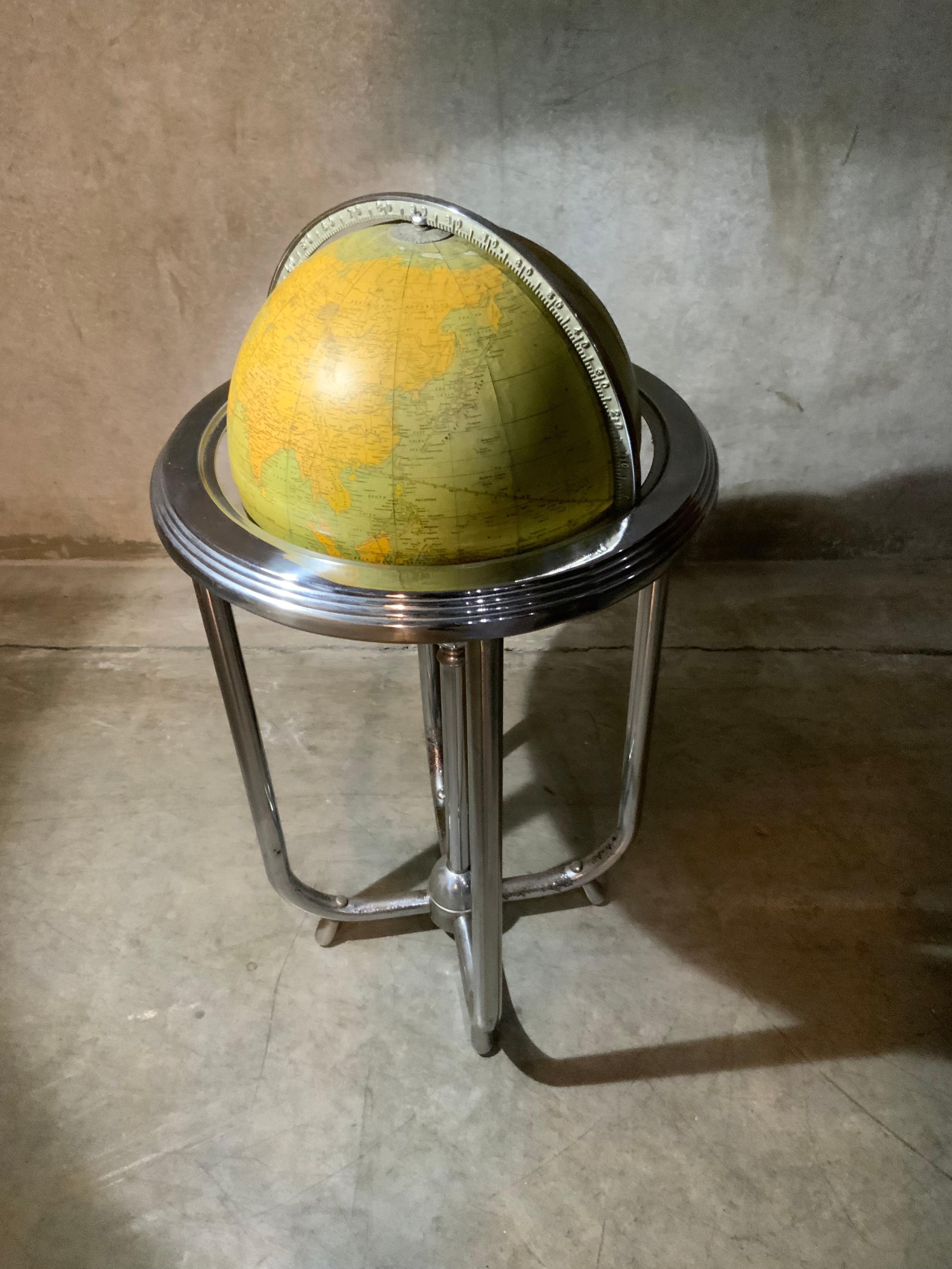 1930 World Globe on Art Deco Metal Stand  In Good Condition In Surrey, BC
