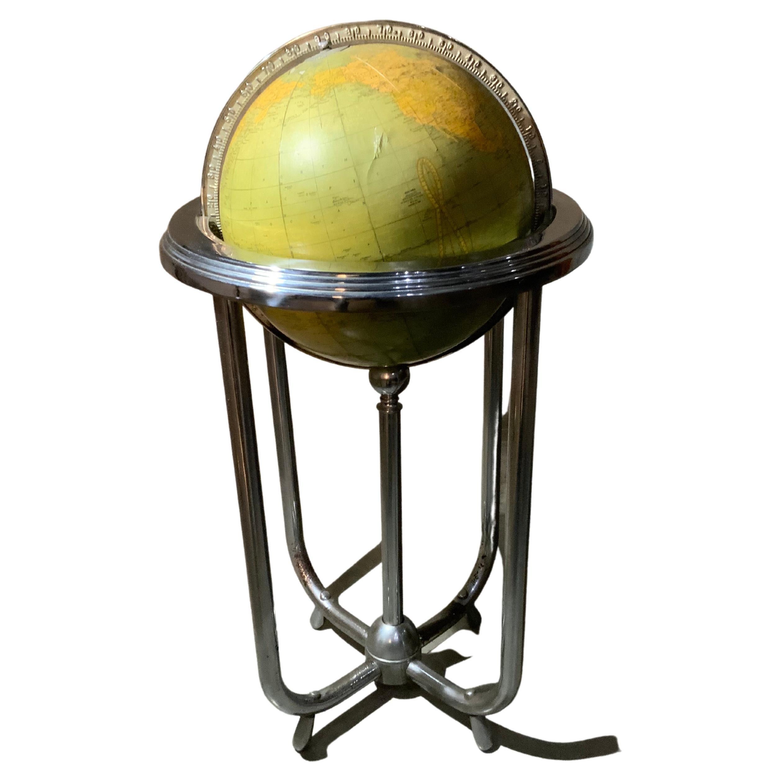 1930 World Globe on Art Deco Metal Stand 