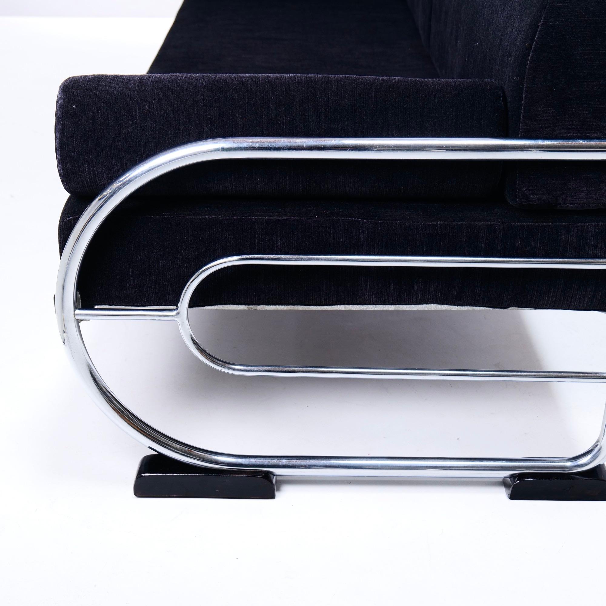 1930's Art Deco Black Velvet Tubular Sofa by Hynek Gottwald 5