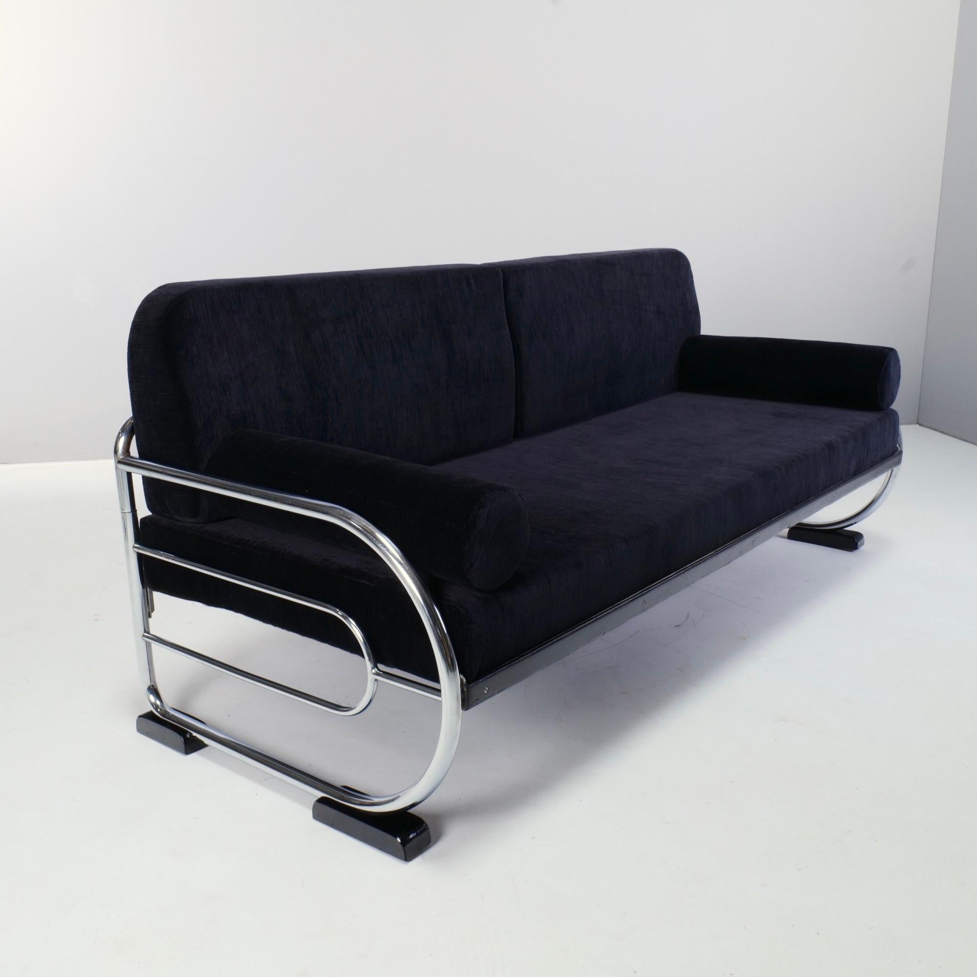 Bauhaus 1930's Art Deco Black Velvet Tubular Sofa by Hynek Gottwald