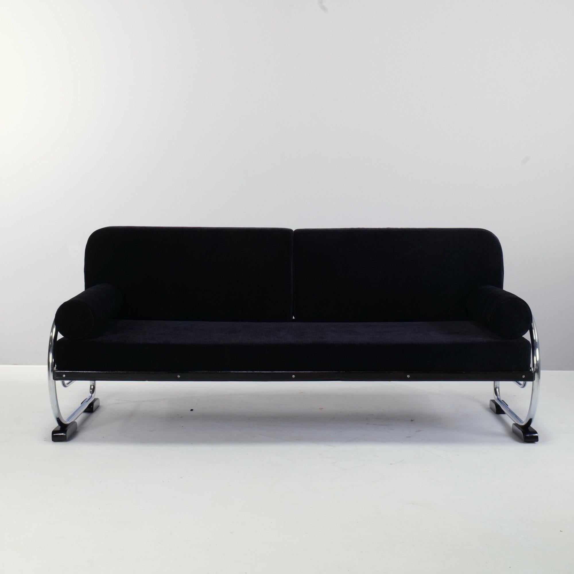 Mid-20th Century 1930's Art Deco Black Velvet Tubular Sofa by Hynek Gottwald