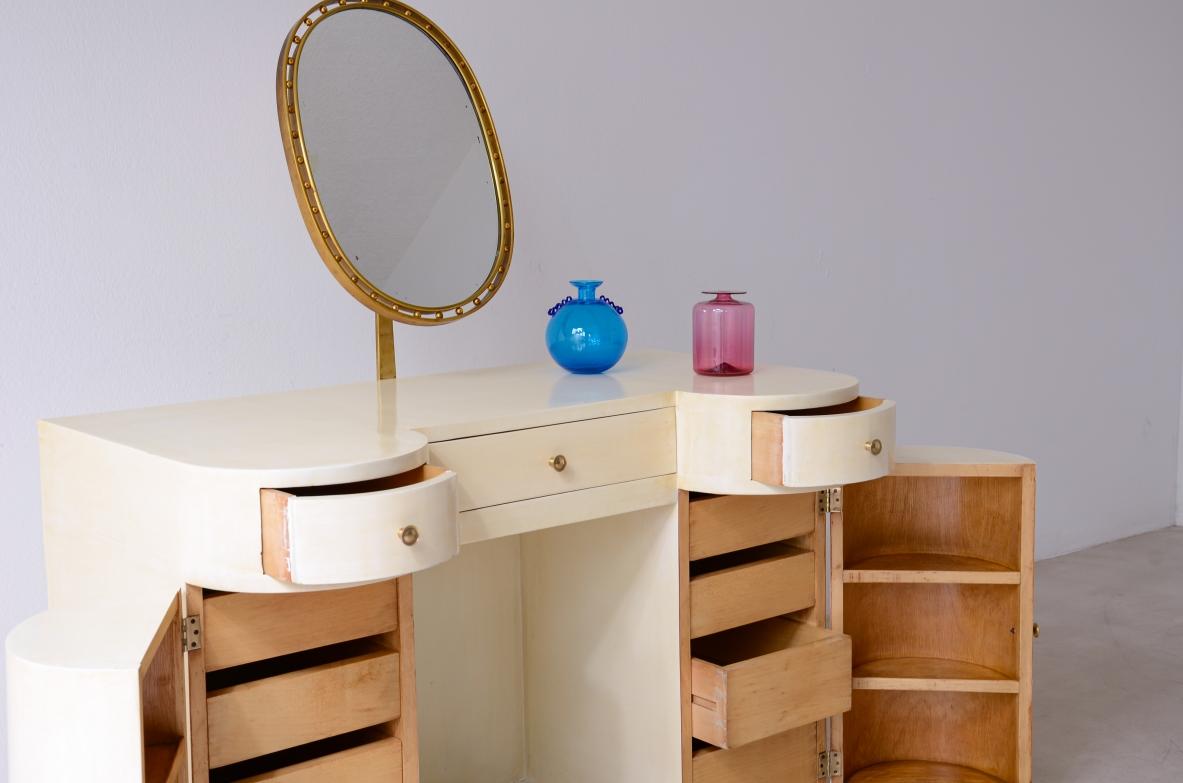 Mid-Century Modern 1930Elegant lacquered wood dressing table/console with tilting brass mirror