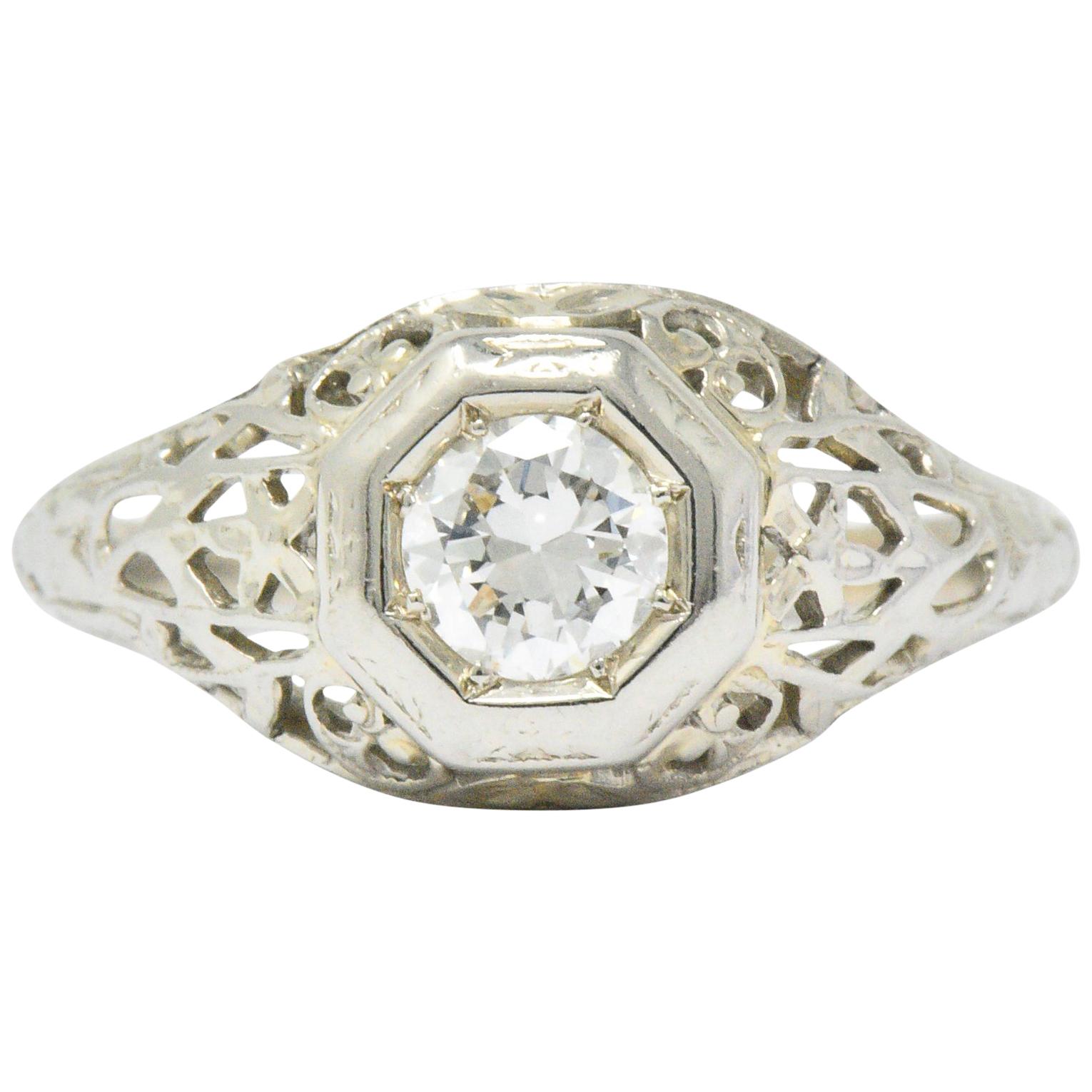 1930s 0.33 Carat Diamond 18 Karat White Gold Art Deco Engagement Ring