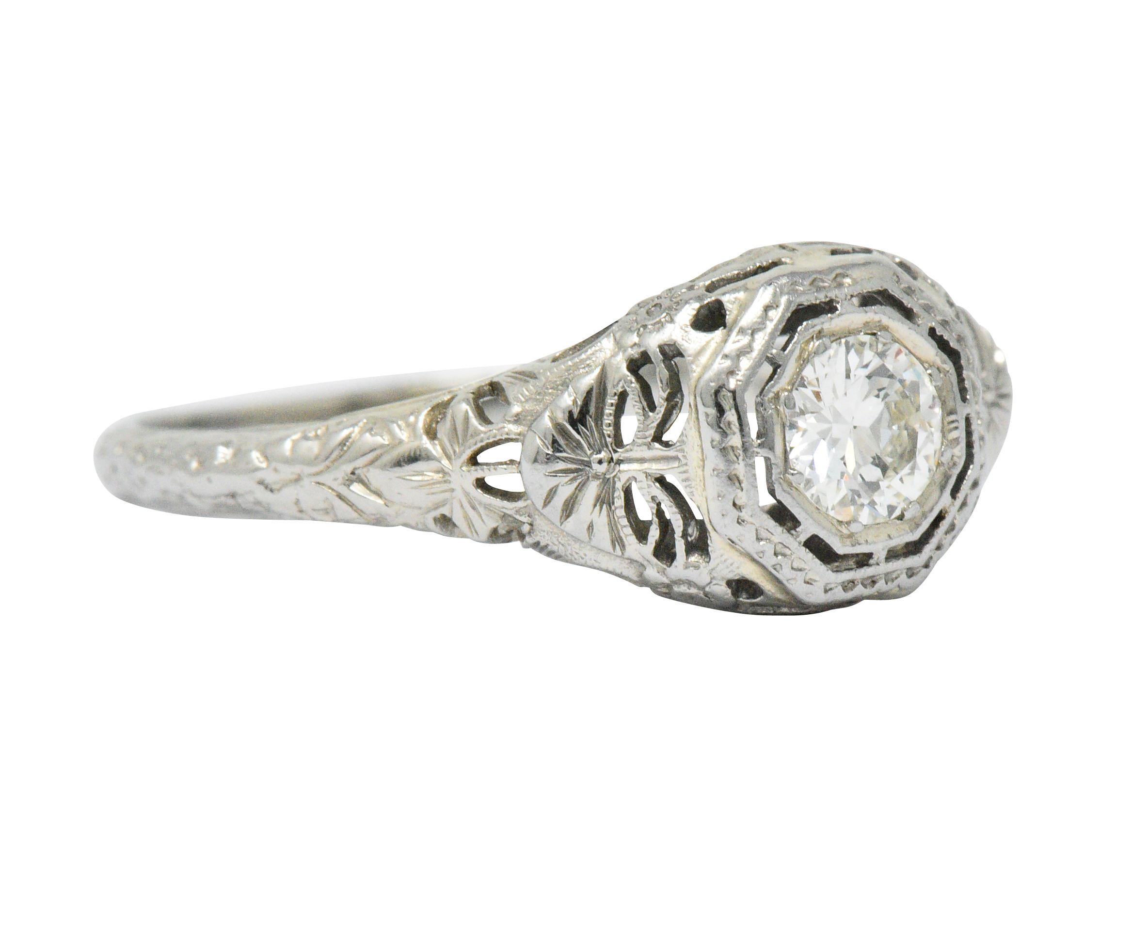 Round Cut Art Deco 0.35 CTW Diamond 14 Karat White Gold Foliate Engagement Ring 