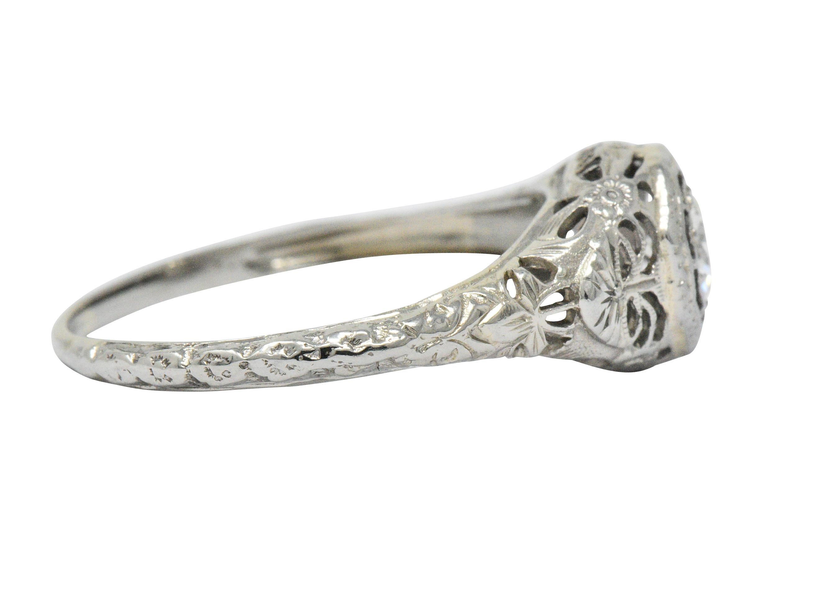 Art Deco 0.35 CTW Diamond 14 Karat White Gold Foliate Engagement Ring  In Excellent Condition In Philadelphia, PA