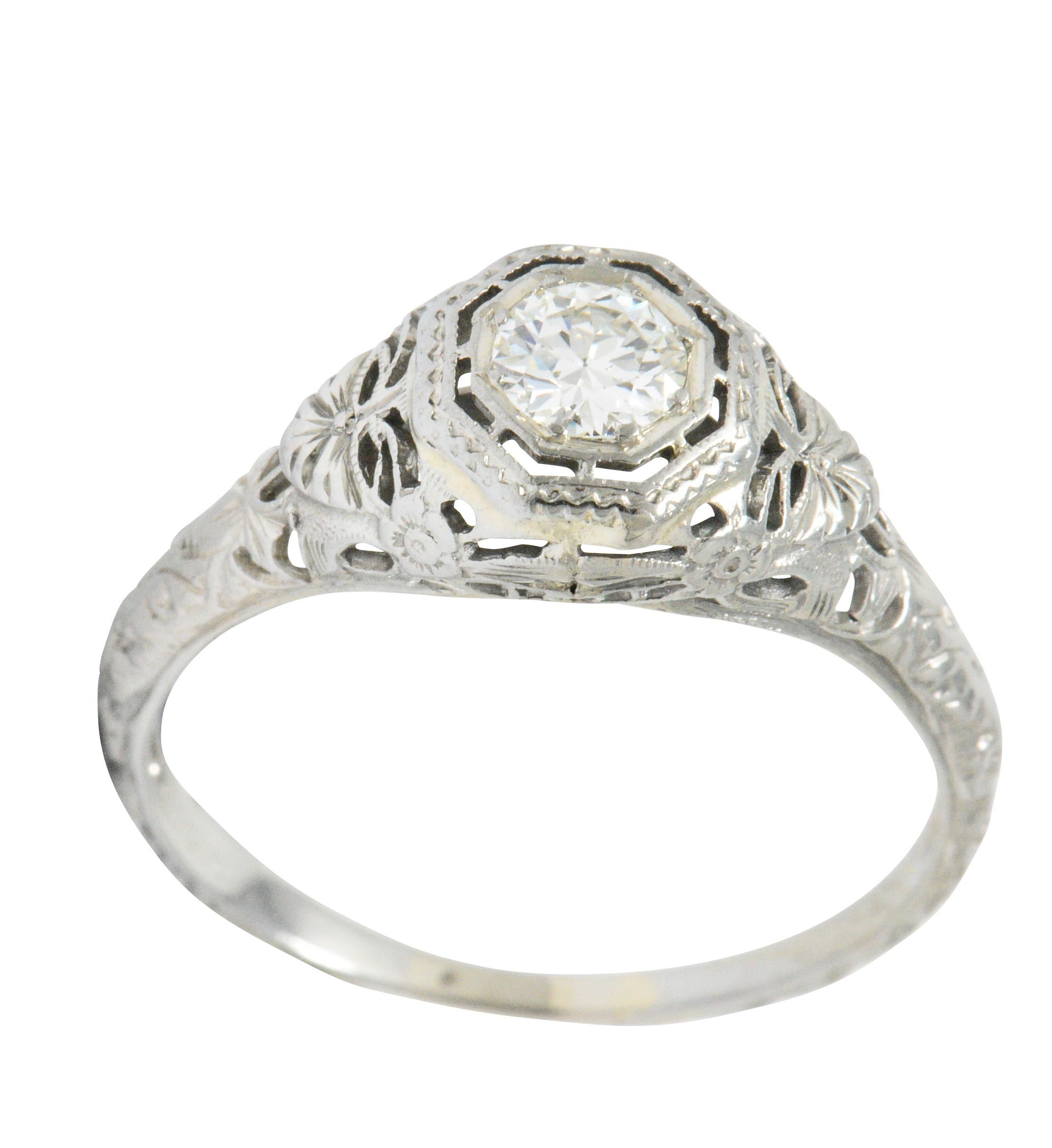 Women's or Men's Art Deco 0.35 CTW Diamond 14 Karat White Gold Foliate Engagement Ring 