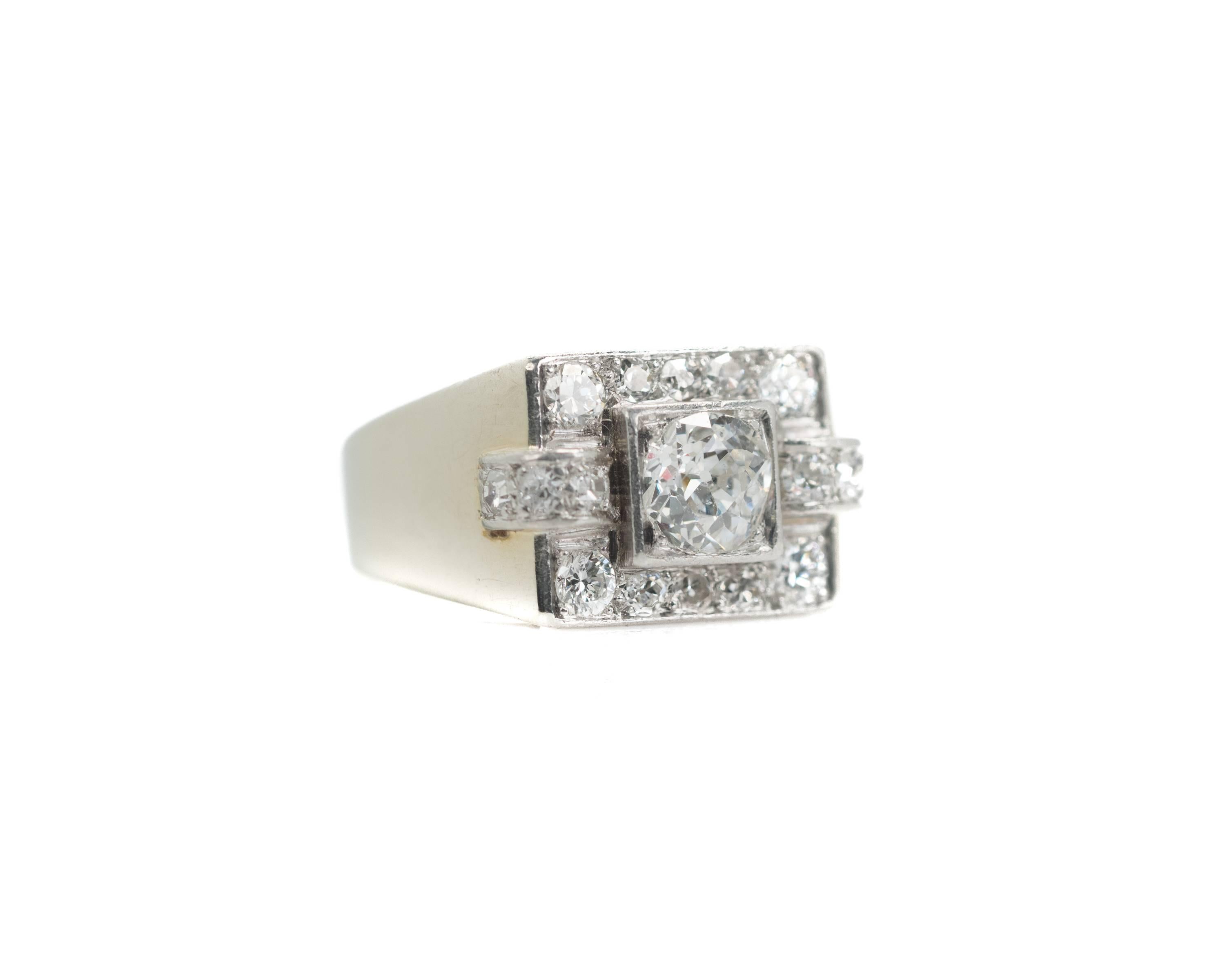 1930s Art Deco 1.0 carat total weight Diamond, 14K White Gold Ring

Features a 0.75 Carat Old Mine Diamond center stone. The round center stone is prong set in a square setting. A row of round Single cut Diamonds sits above and below the center