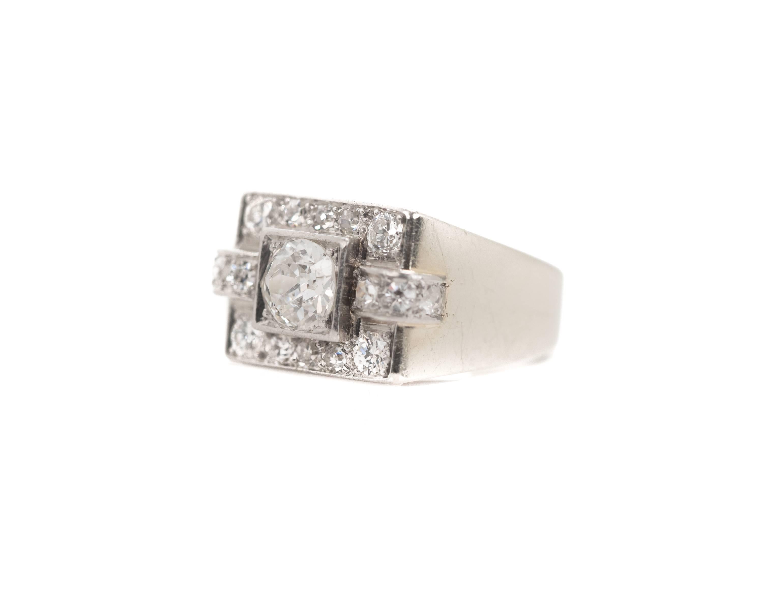 Women's or Men's 1930s 0.75 Carat Diamond and 14 Karat White Gold Ring