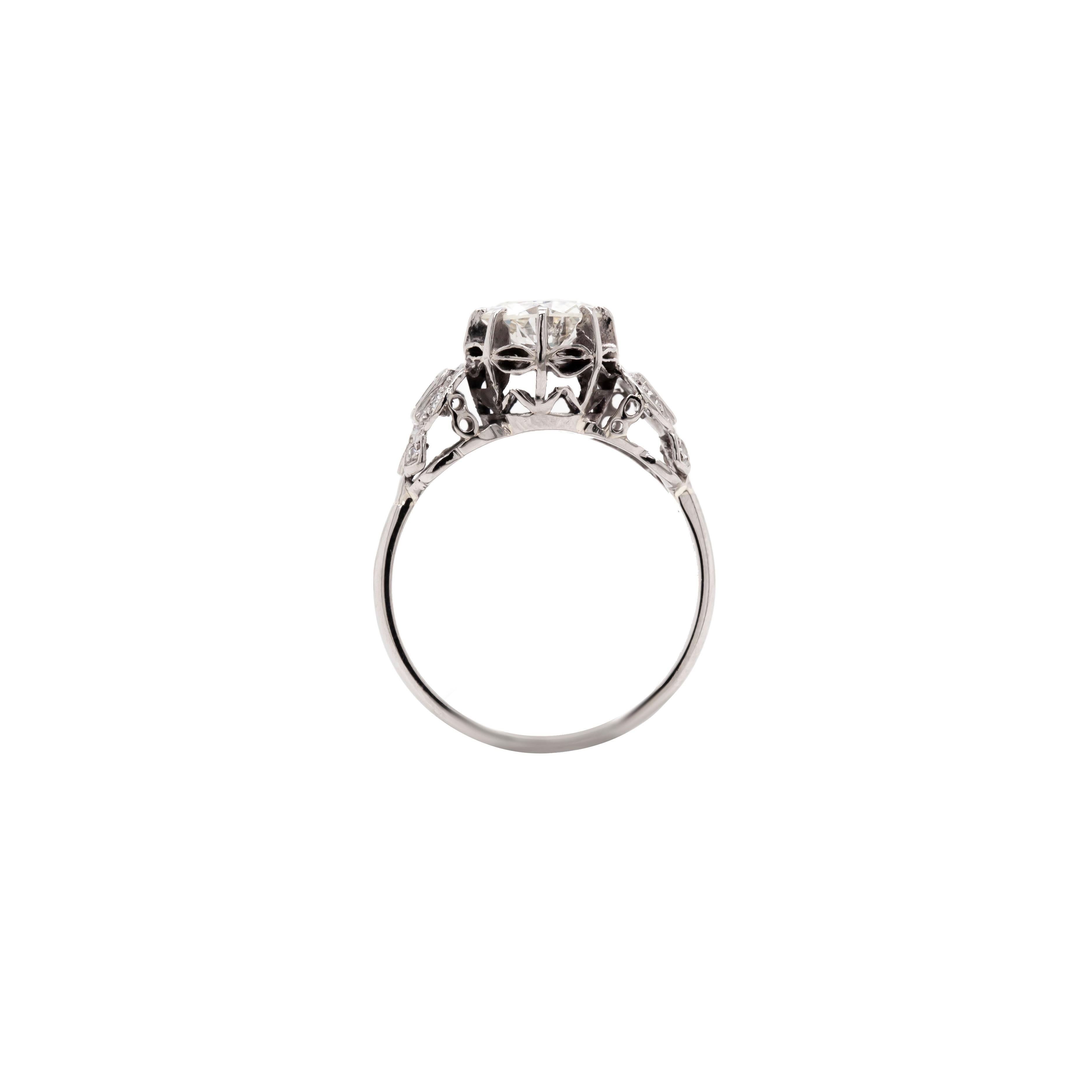 Art déco Bague de fiançailles des années 1930, diamant taille transitionnelle 1,05 carat, platine en vente