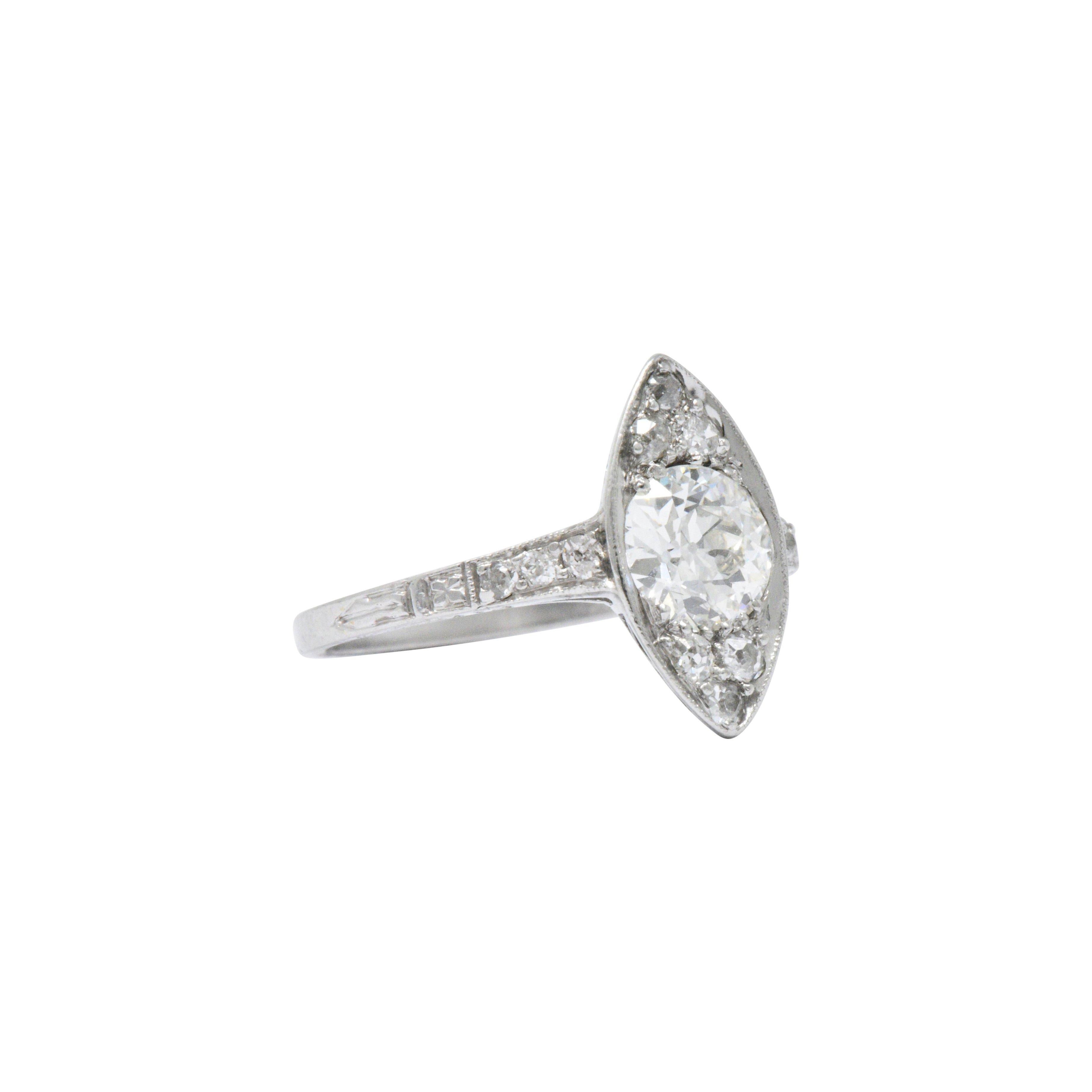 Art Deco 1.06 Carats  Diamond Platinum Navette Dinner Ring GIA 3
