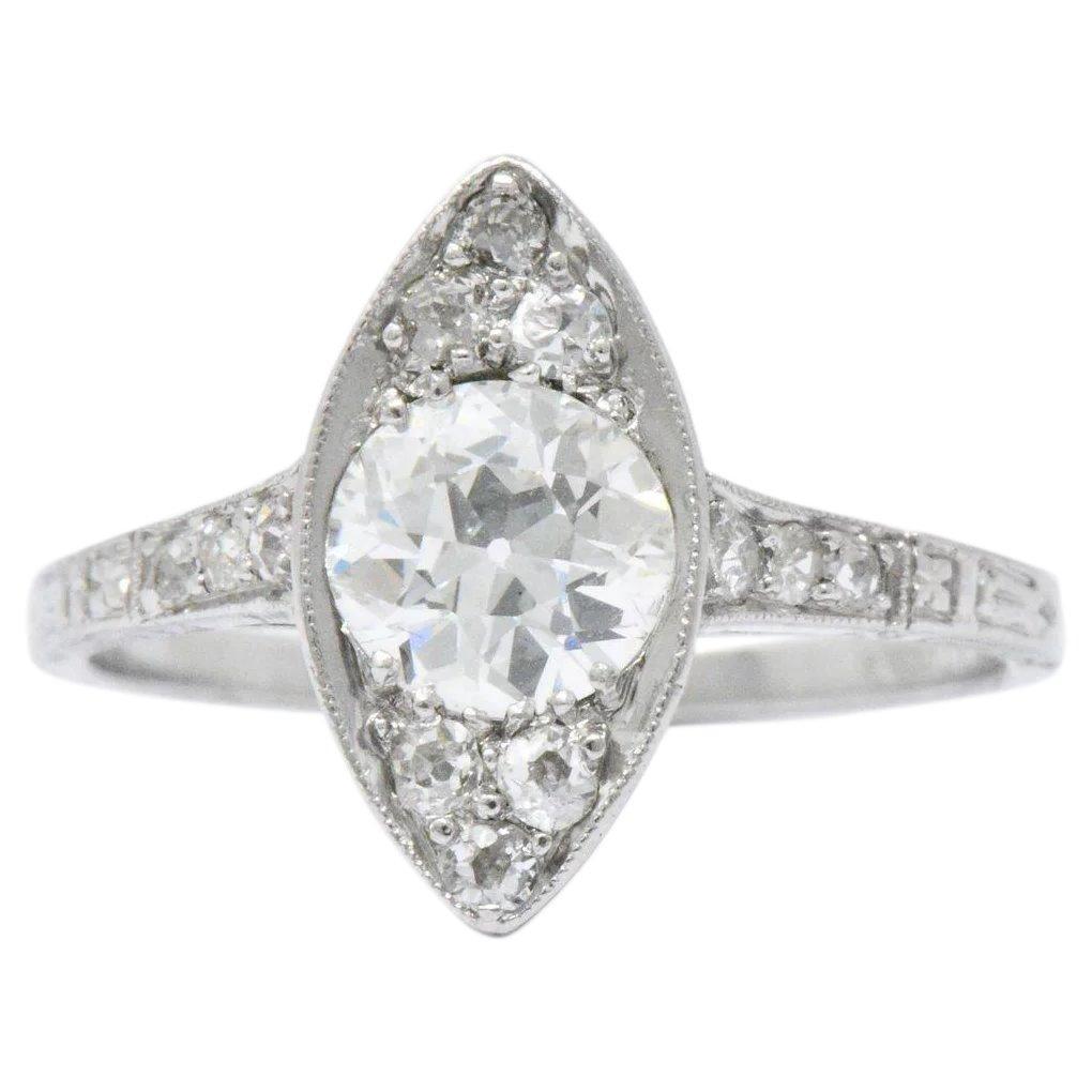 Art Deco 1.06 Carats  Diamond Platinum Navette Dinner Ring GIA