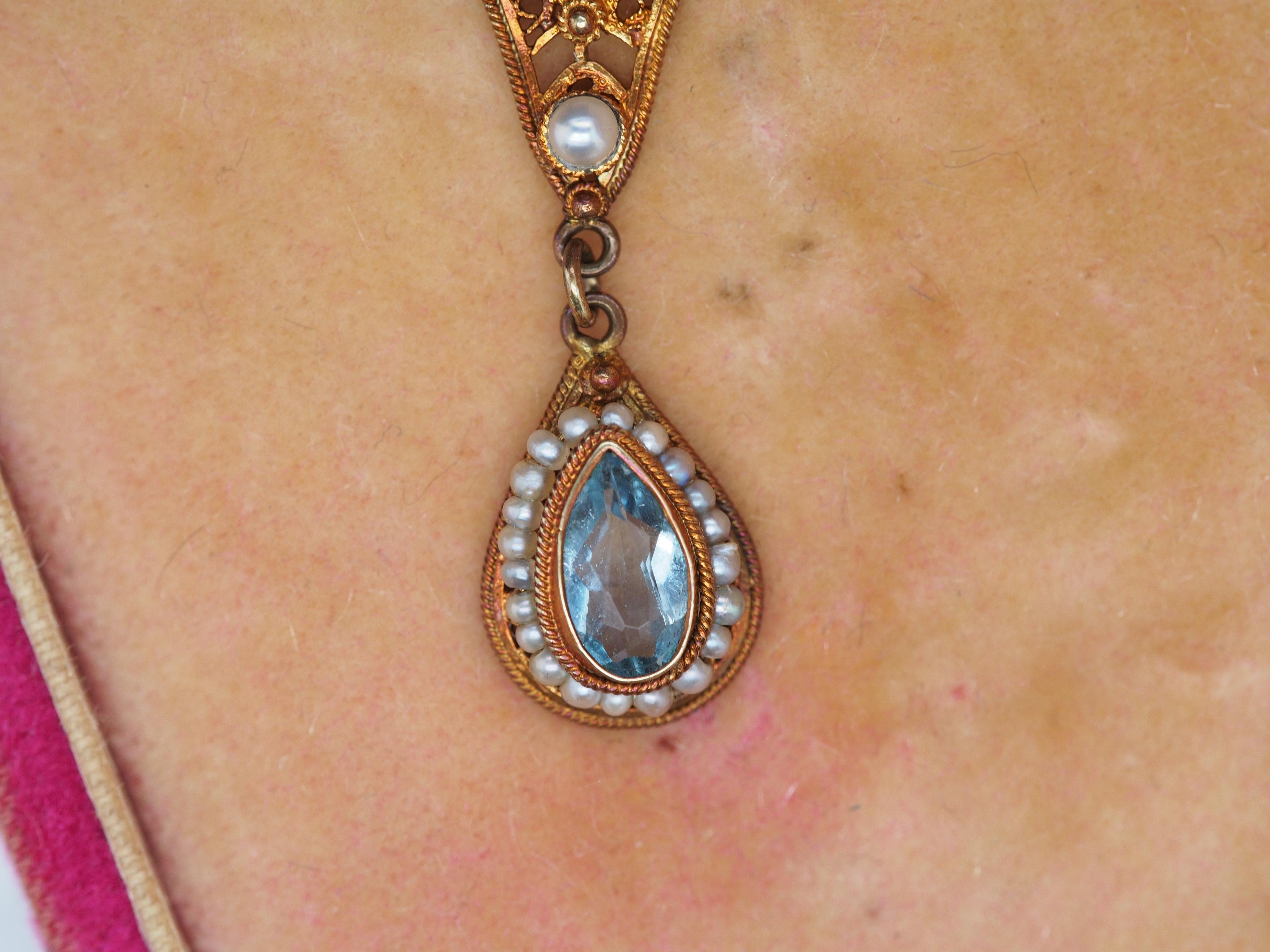 Art Deco 1930s 10K Yellow Gold with Seed Pearls and Zircon Drop Dangling Pendant For Sale