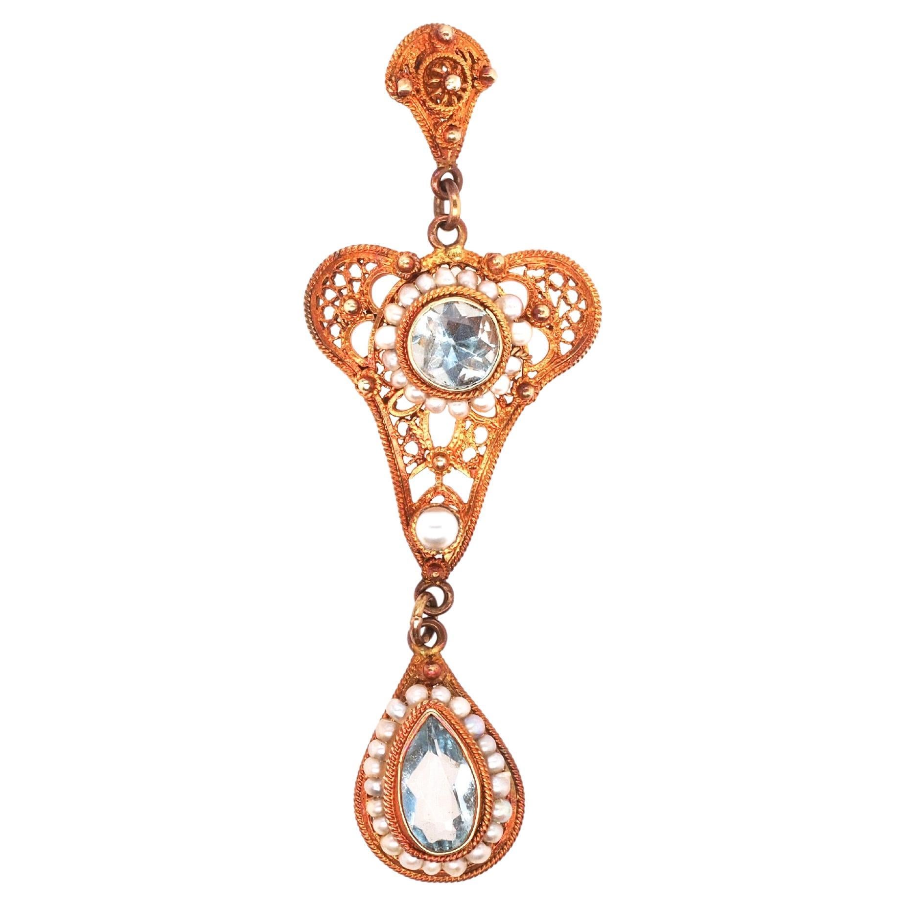 1930s 10K Yellow Gold with Seed Pearls and Zircon Drop Dangling Pendant