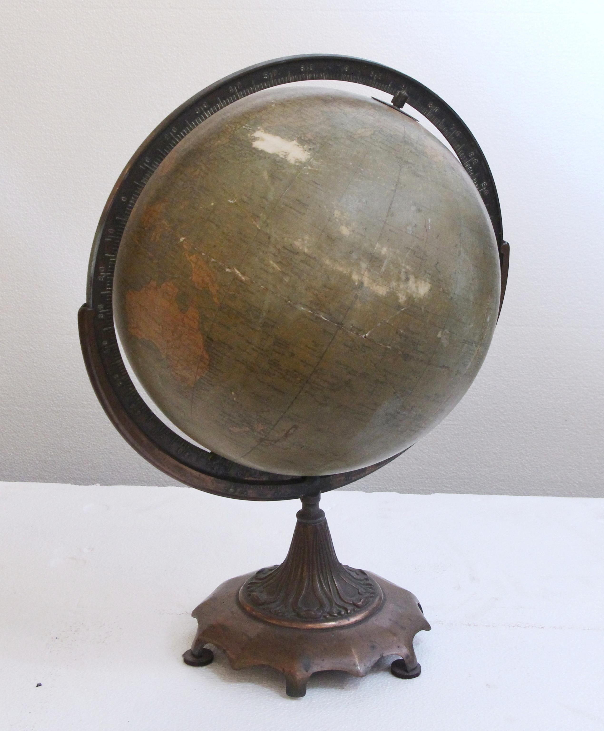 1930s Weber Costello Co. 12. in diameter globe on a decorative bronze stand. The bottom is stamped W.C. Co-7. This can be seen at our 2420 Broadway location on the upper west side in Manhattan.