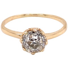 1930s 14 Karat Yellow Gold 1.64 Carat European Cut Diamond Solitaire Ring