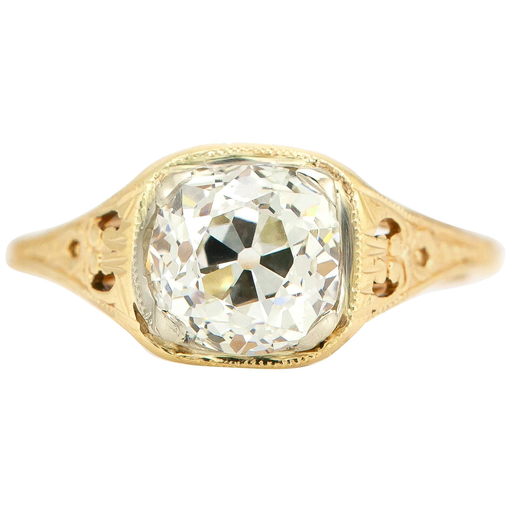 Art Deco 1.56 Carat Old Mine Cushion Diamond Engagement Ring For Sale