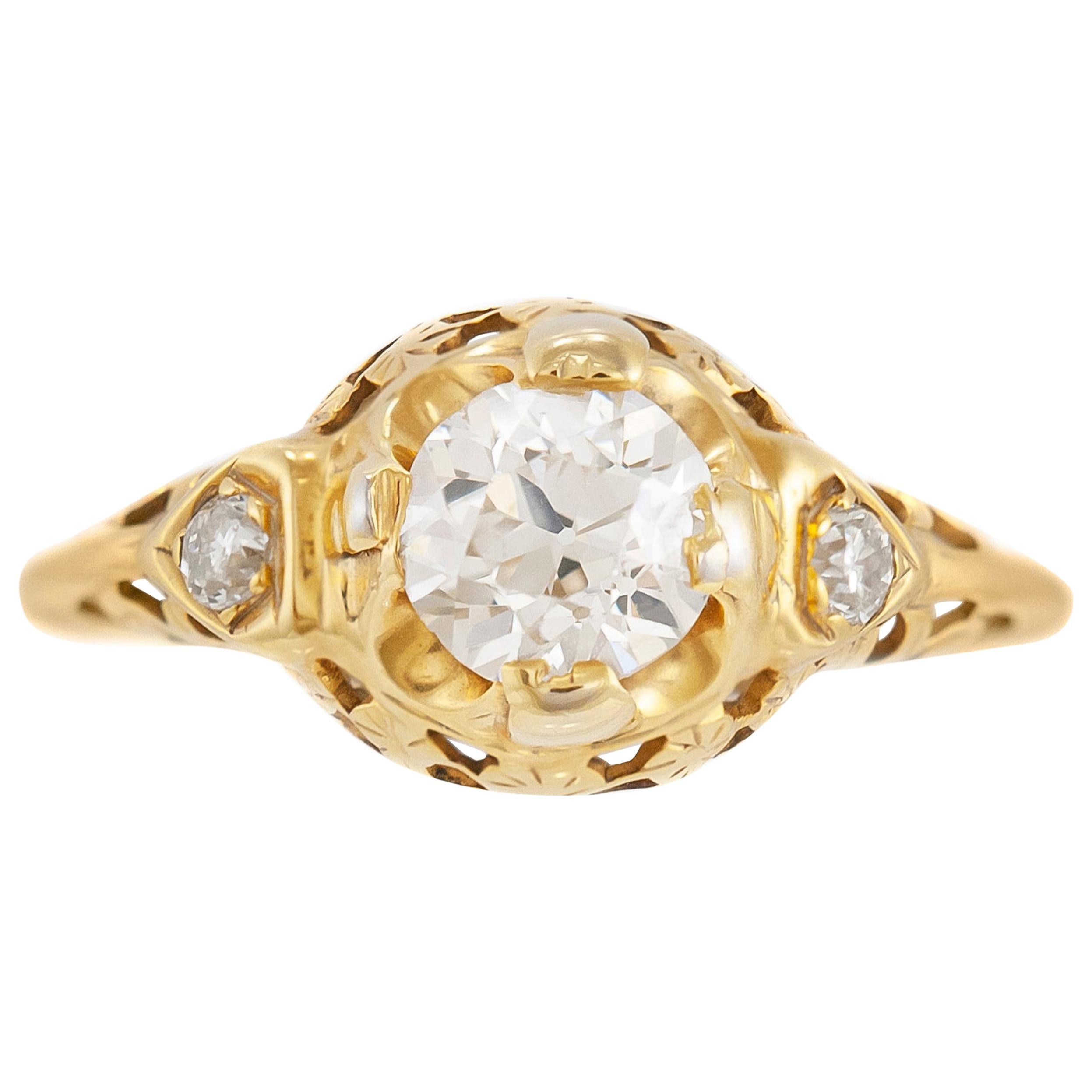 1930s 14 Karat Yellow Gold with 0.80 Carat Diamond Engagement Ring For Sale