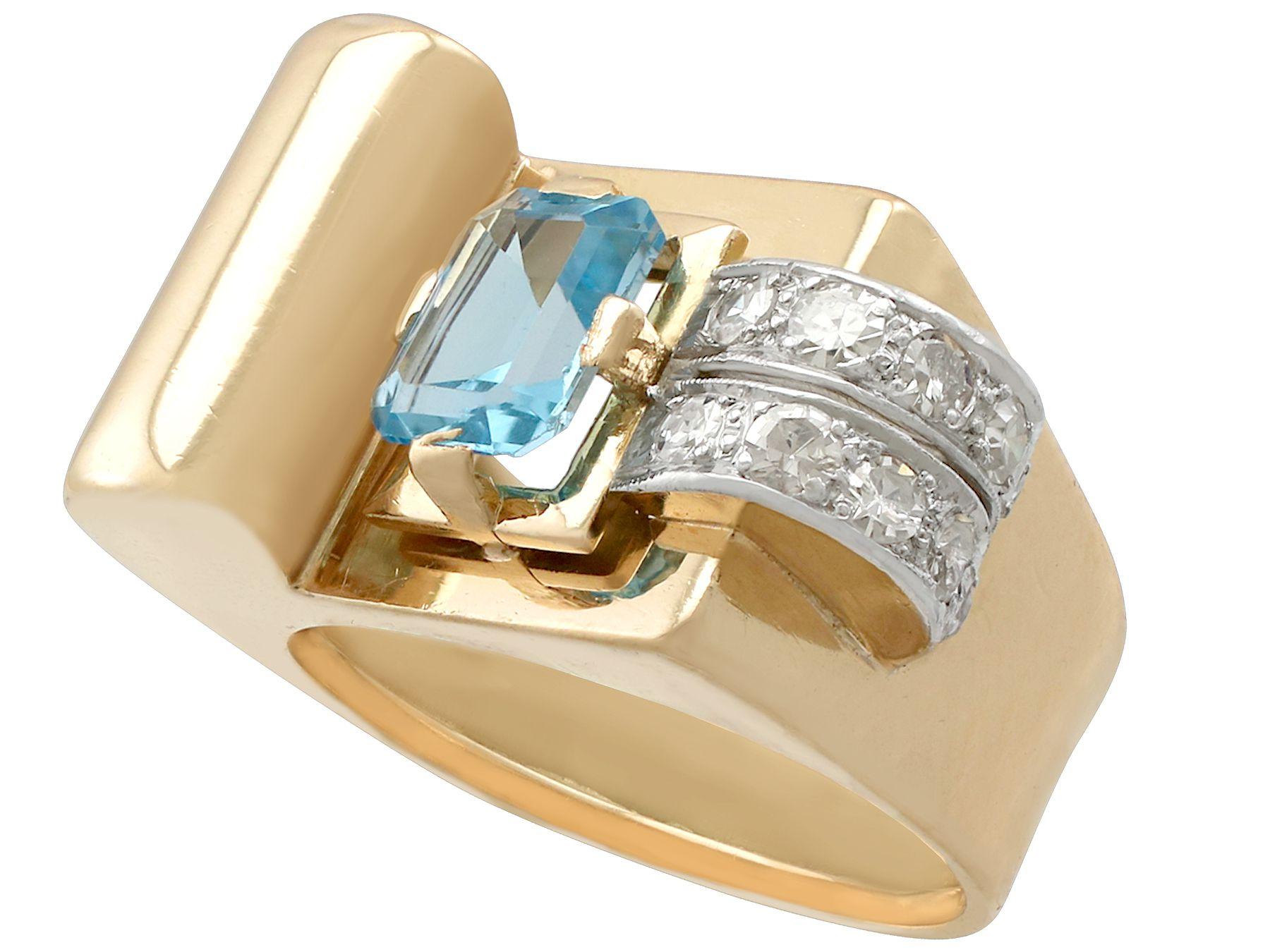 Emerald Cut 1930s 1.45 Carat Aquamarine Diamond Gold Cocktail Ring