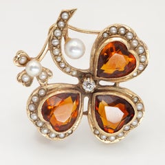 1930s 14K YG Diamond Seed Pearl Clover Citrine Brooch