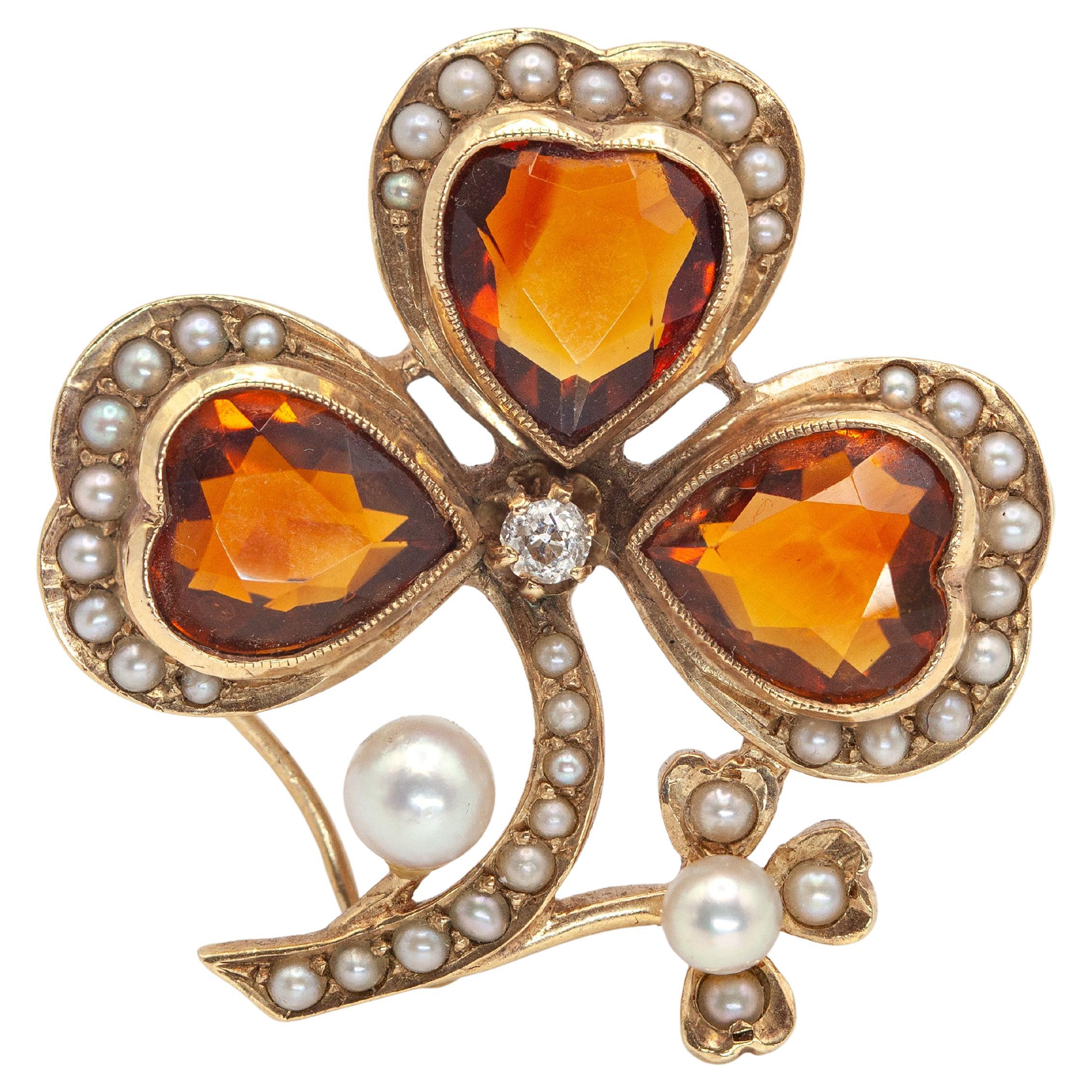 1930s 14K YG Diamond Seed Pearl Clover Citrine Brooch
