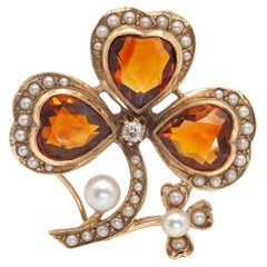 Spilla Citrino a forma di trifoglio di perle con semi di diamante 14K YG del 1930