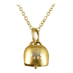 Used 1930's 15ct Yellow and White Gold Swiss Cow Bell Charm Necklace