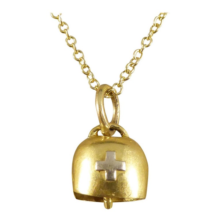 1930's 15ct Yellow and White Gold Swiss Cow Bell Charm Necklace at 1stDibs