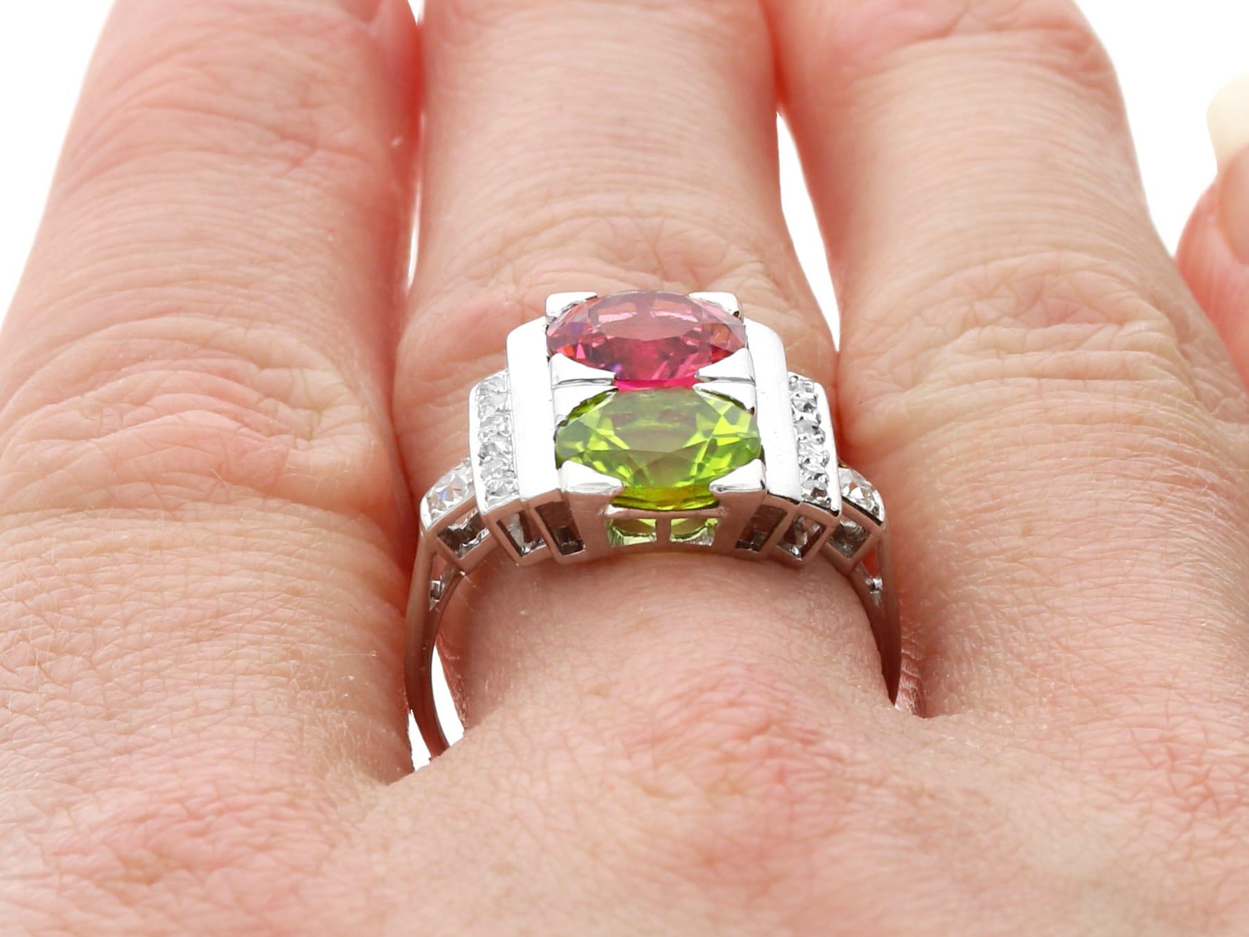 1930s 1.76 Carat Pink Tourmaline 1.70 Carat Peridot and Diamond Platinum Ring For Sale 6