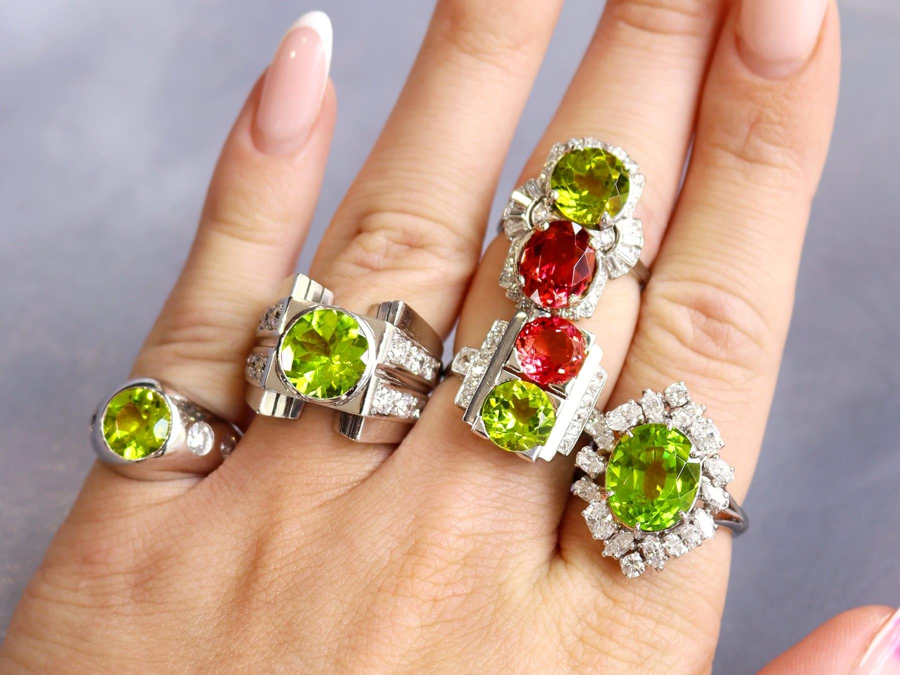 Round Cut 1930s 1.76 Carat Pink Tourmaline 1.70 Carat Peridot and Diamond Platinum Ring For Sale