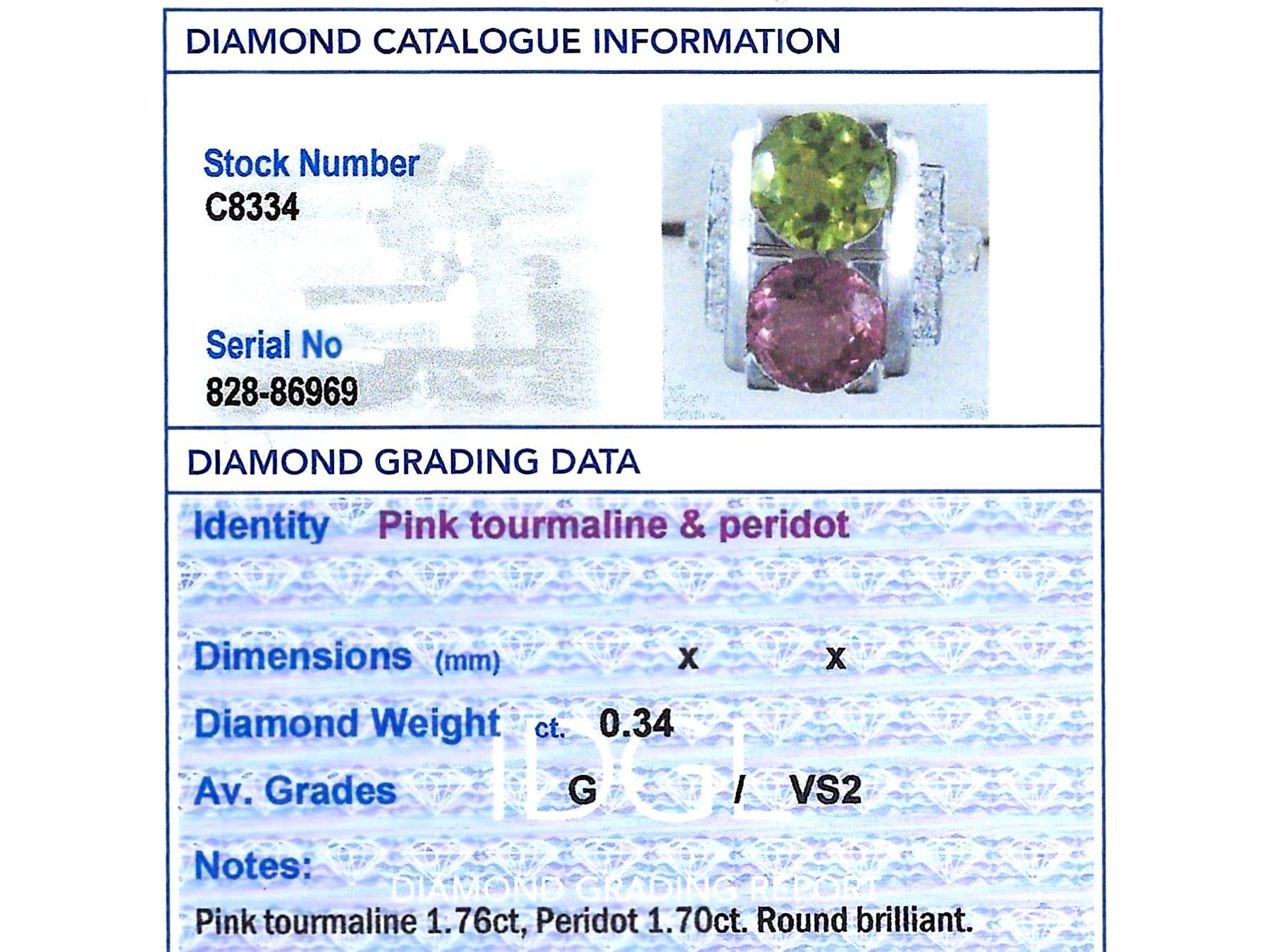 1930s 1.76 Carat Pink Tourmaline 1.70 Carat Peridot and Diamond Platinum Ring  For Sale 1