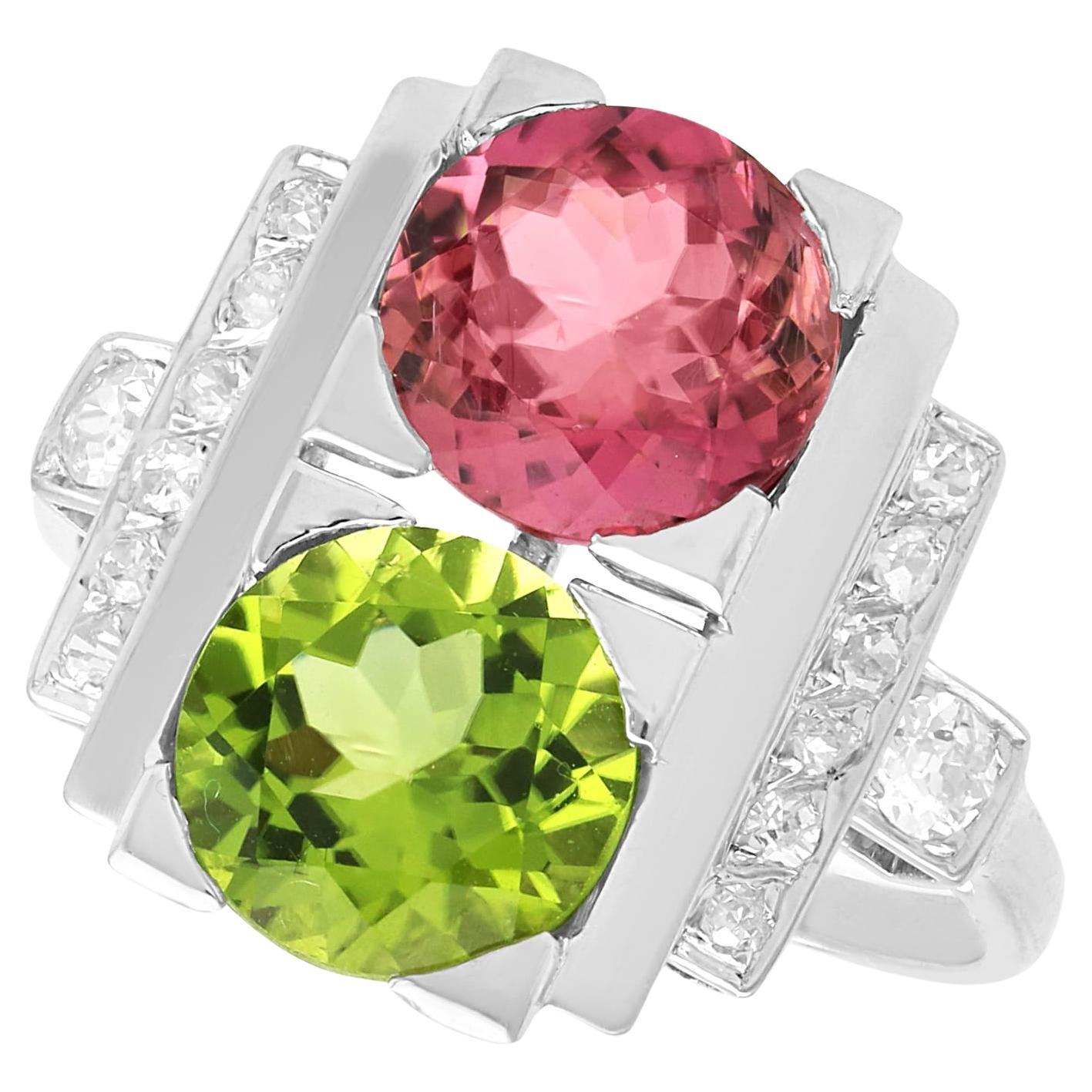 1930s 1.76 Carat Pink Tourmaline 1.70 Carat Peridot and Diamond Platinum Ring 