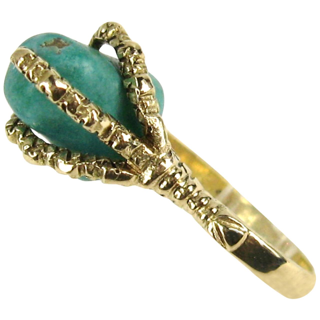18 Karat Gold Griffin Talon Turquoise Ring 1930s  For Sale