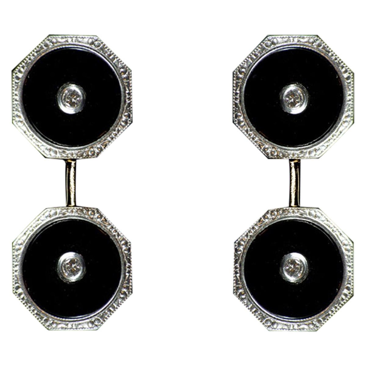 1930s 18 Kt White Gold Antique Cufflinks with Onyx and Diamonds For Sale