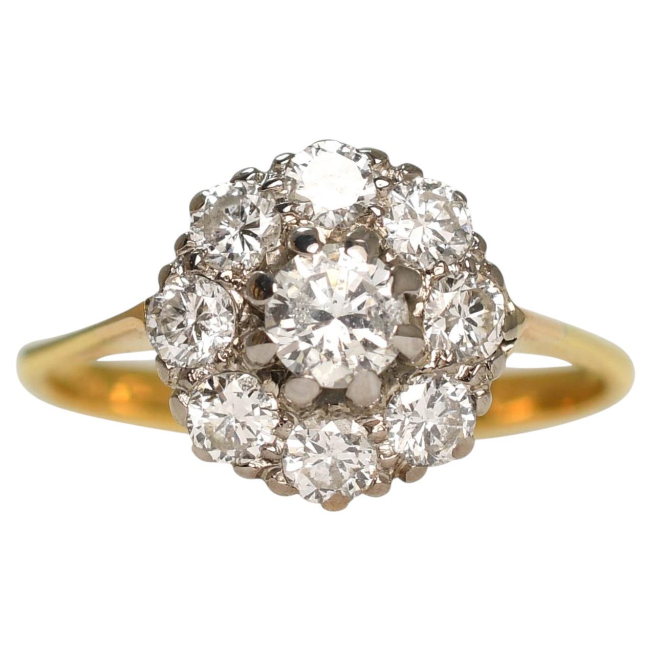 1930's 18k Gold Transitional Cut Diamond Flower Ring