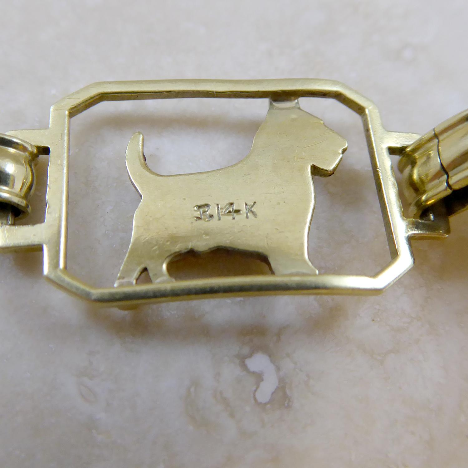 1930's/1940's Art Deco Scotty Dog Bracelet with Domed Crystal Links, Yellow Gold In Good Condition In Yorkshire, West Yorkshire
