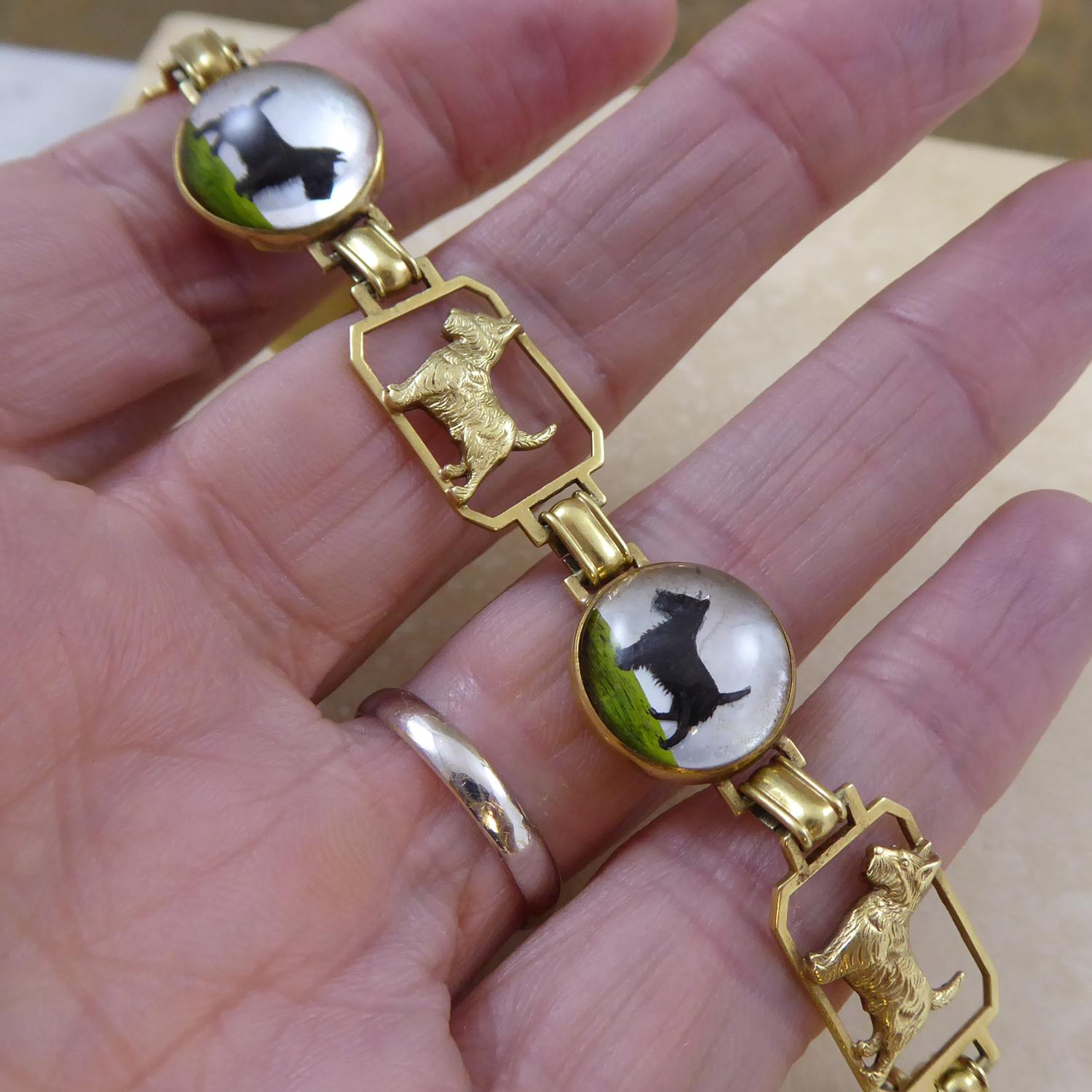 Women's 1930's/1940's Art Deco Scotty Dog Bracelet with Domed Crystal Links, Yellow Gold