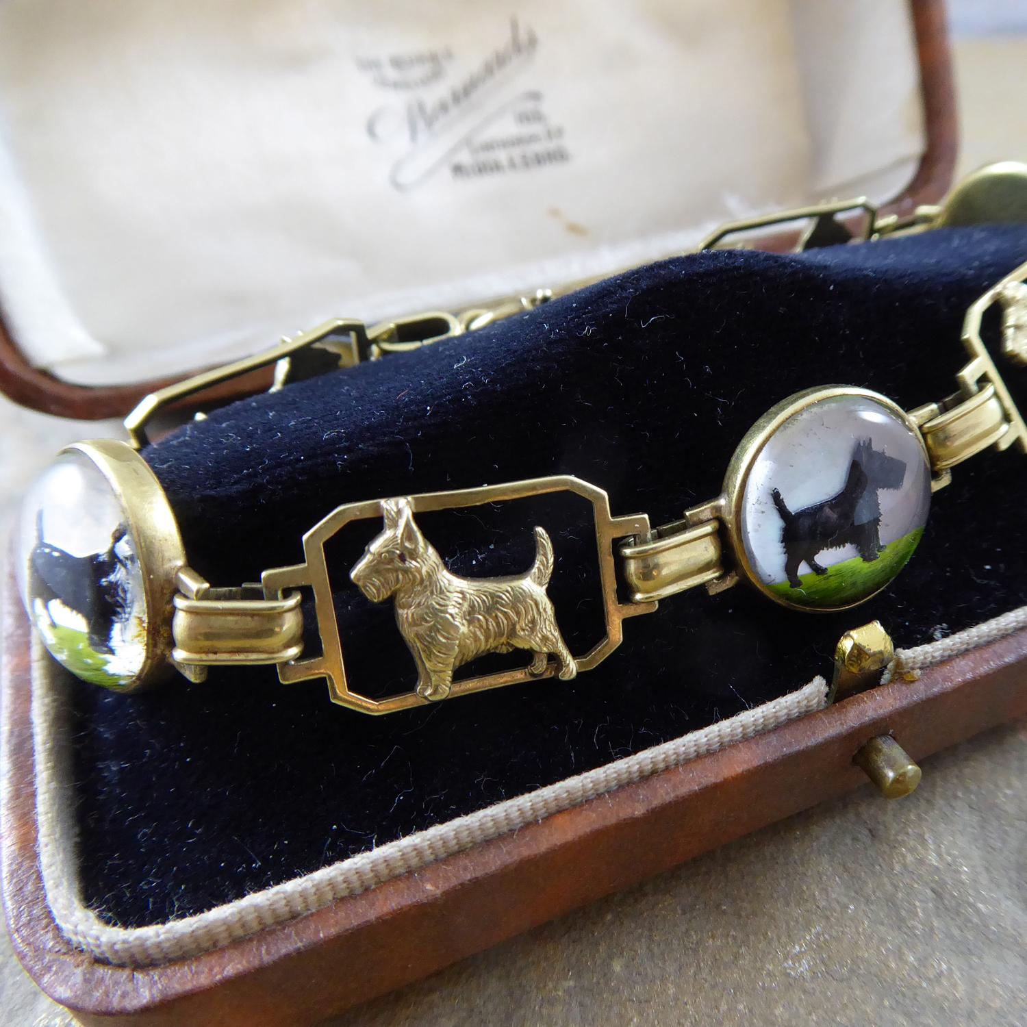 1930's/1940's Art Deco Scotty Dog Bracelet with Domed Crystal Links, Yellow Gold 1